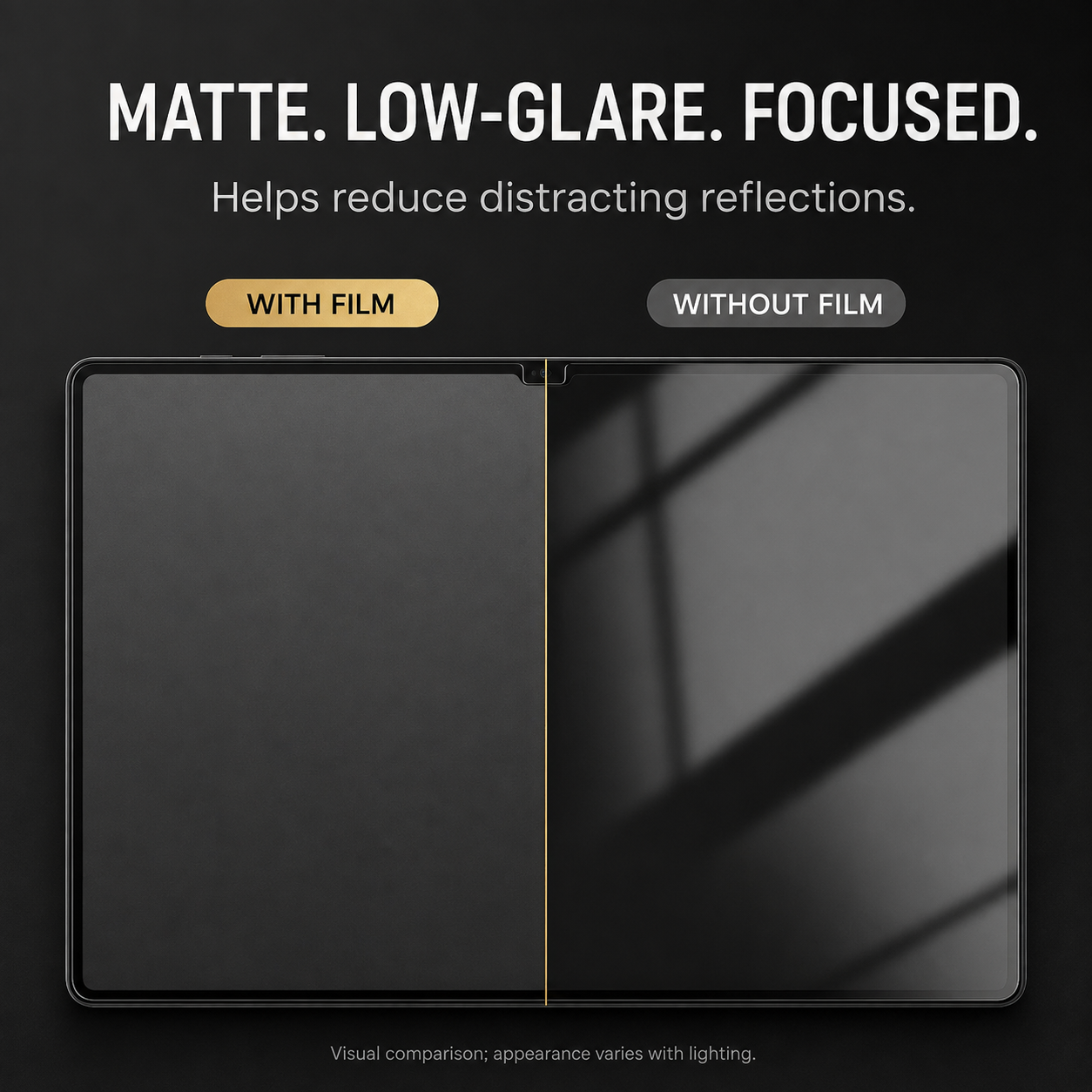 Matte Galaxy Tab privacy film comparison showing reduced reflections