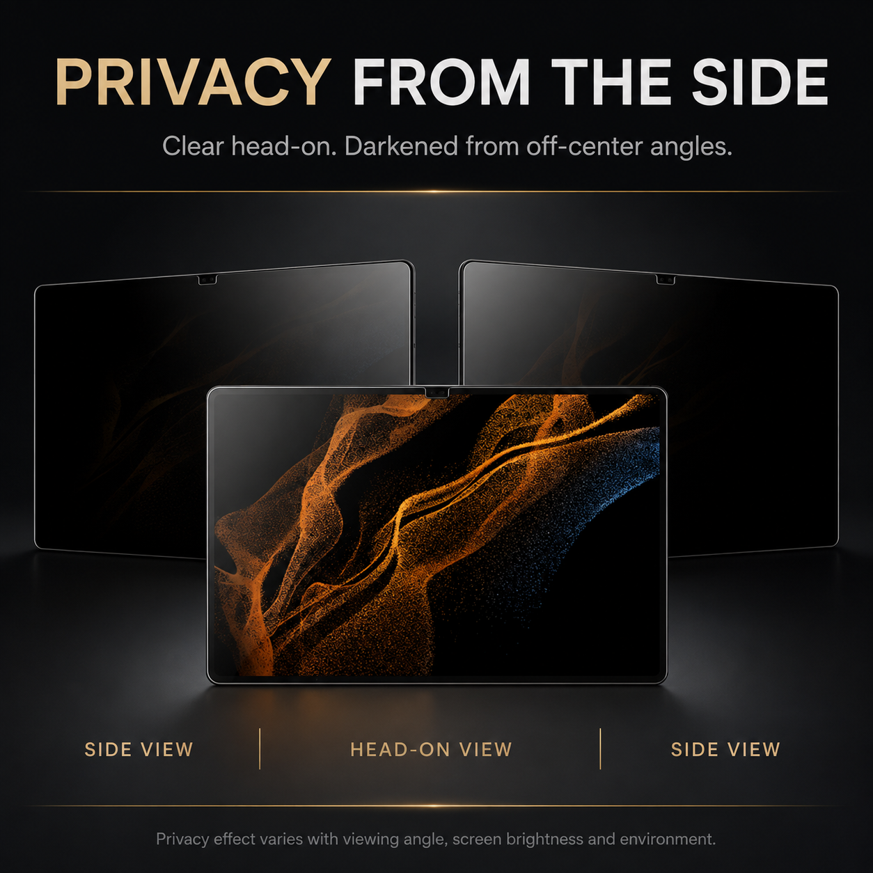 Samsung Galaxy Tab privacy film showing head-on and side-angle viewing difference