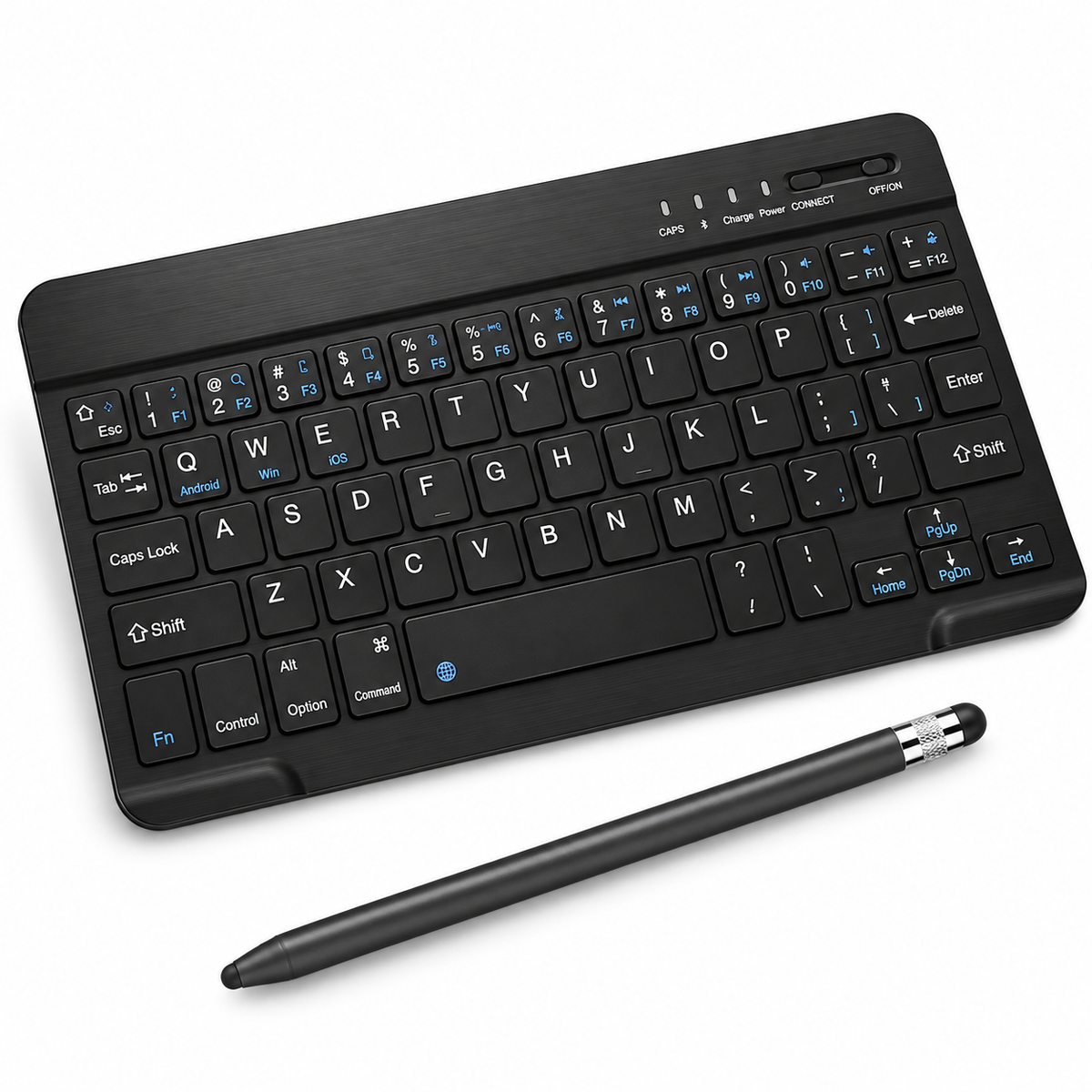 RhinoKeys 10-inch black keyboard and black ApexTouch stylus on white