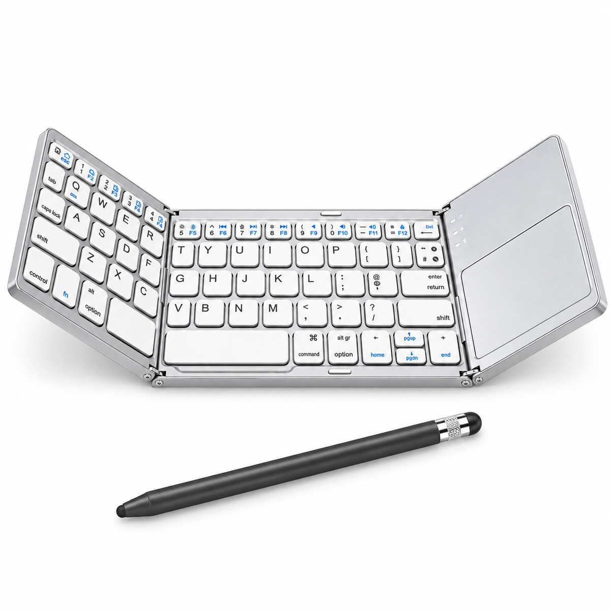 WorkForce Fold silver folding touchpad keyboard and black ApexTouch stylus on white