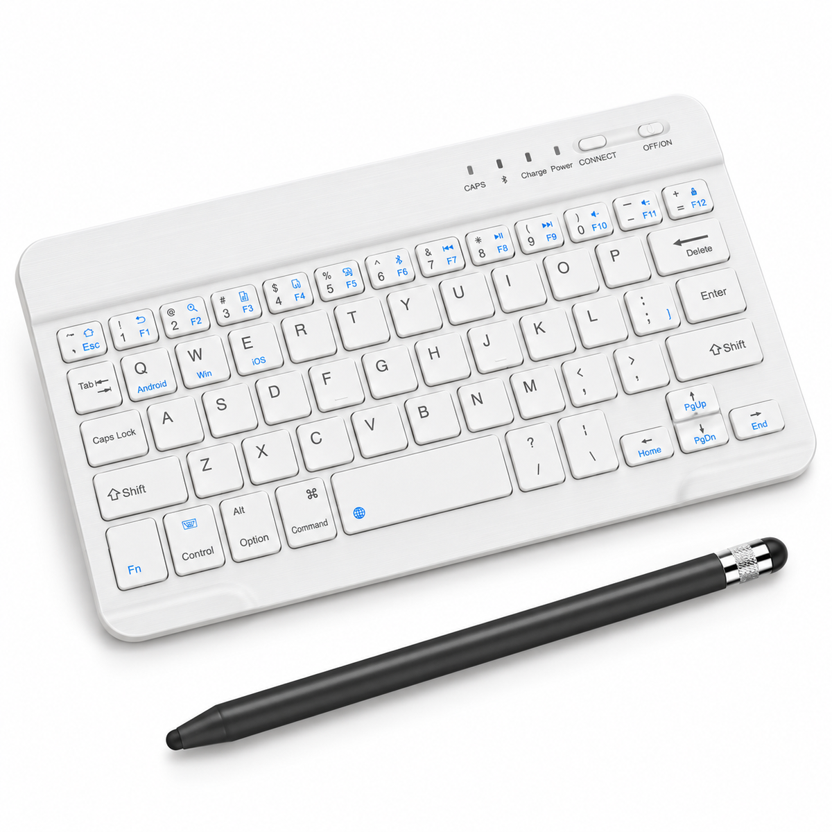 RhinoKeys 10-inch white keyboard and black ApexTouch stylus on white