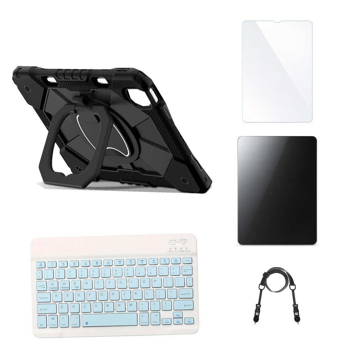 RhinoGuard ArmorPro Black case with Blue keyboard, shoulder strap, standard glass and additional privacy glass