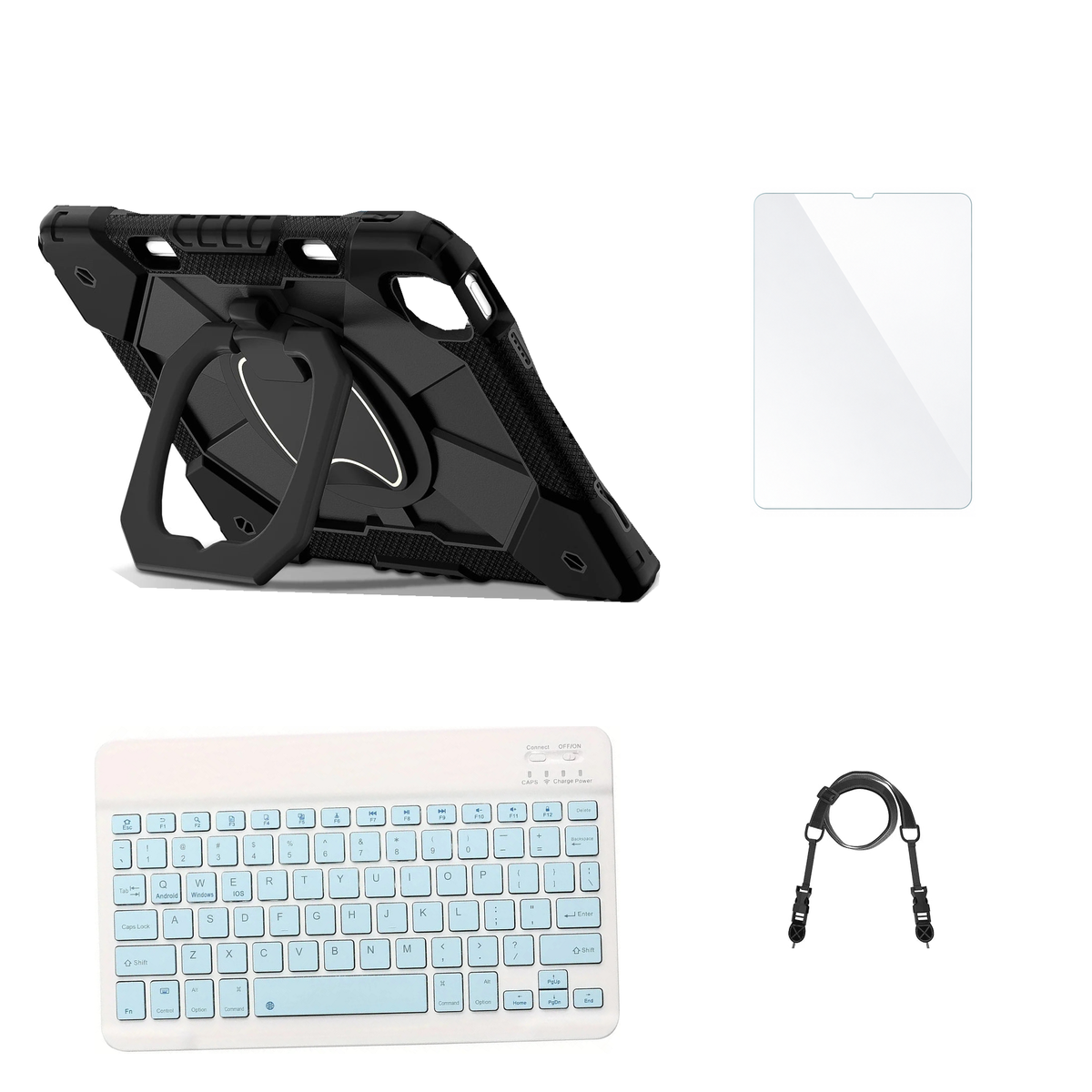 RhinoGuard ArmorPro Black case with Blue keyboard, shoulder strap, standard glass