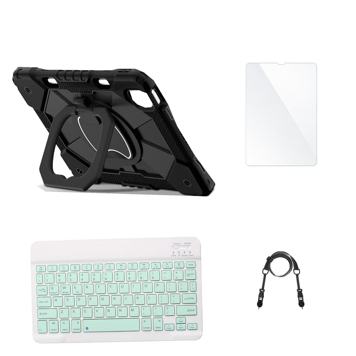 RhinoGuard ArmorPro Black case with Green keyboard, shoulder strap, standard glass