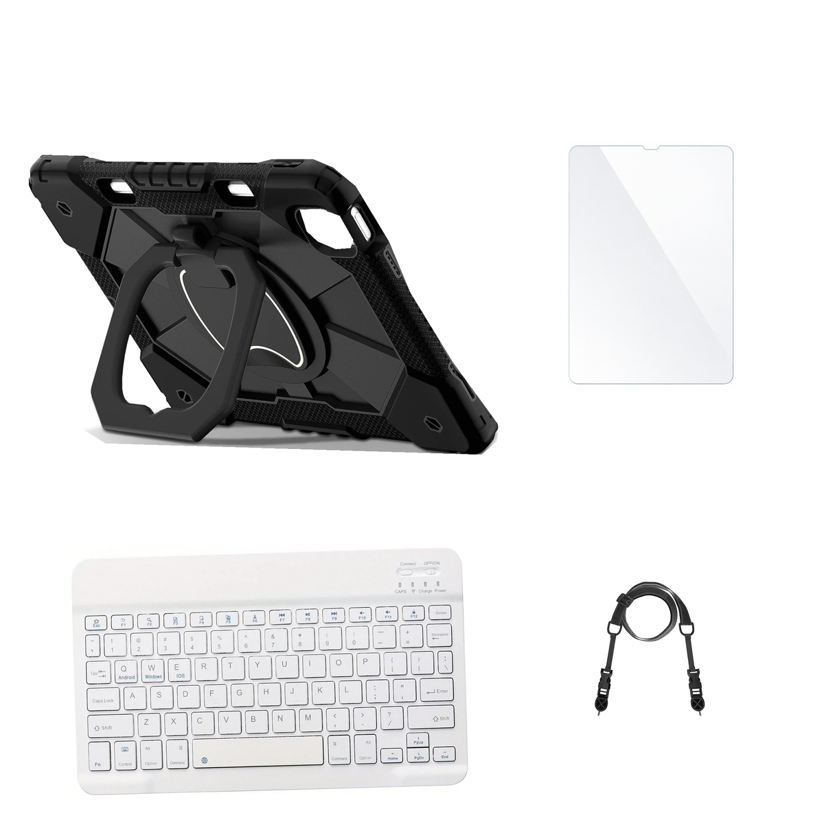 RhinoGuard ArmorPro Black case with White keyboard, shoulder strap, standard glass