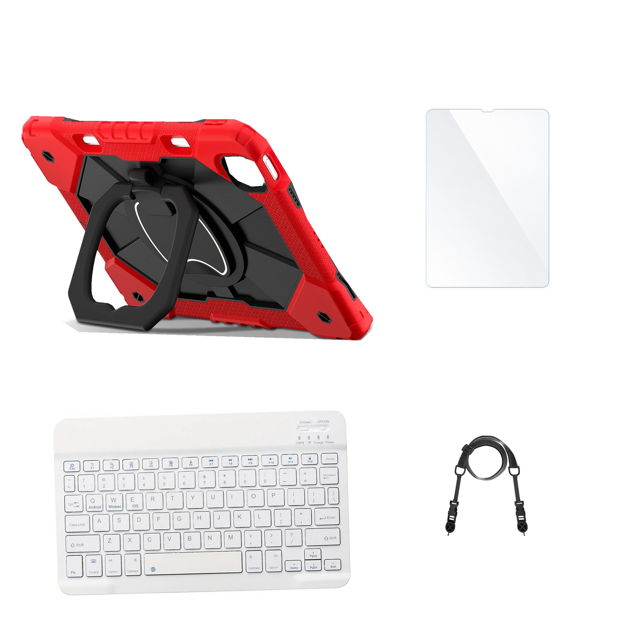RhinoGuard ArmorPro Red / Black case with White keyboard, shoulder strap, standard glass