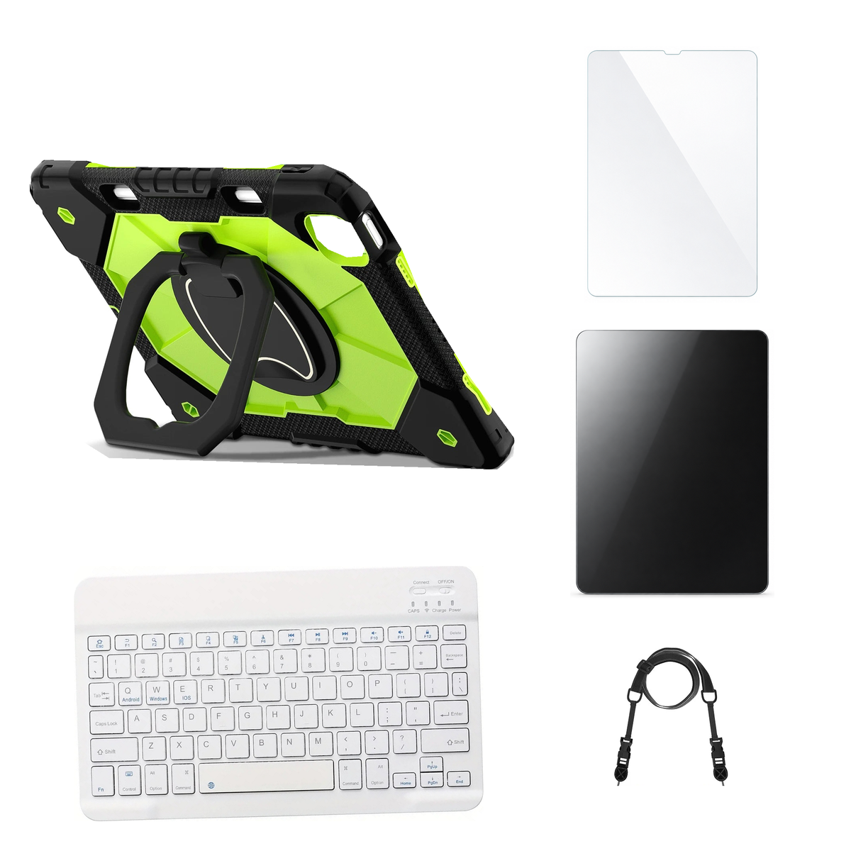 RhinoGuard ArmorPro Black / Green case with White keyboard, shoulder strap, standard glass and additional privacy glass