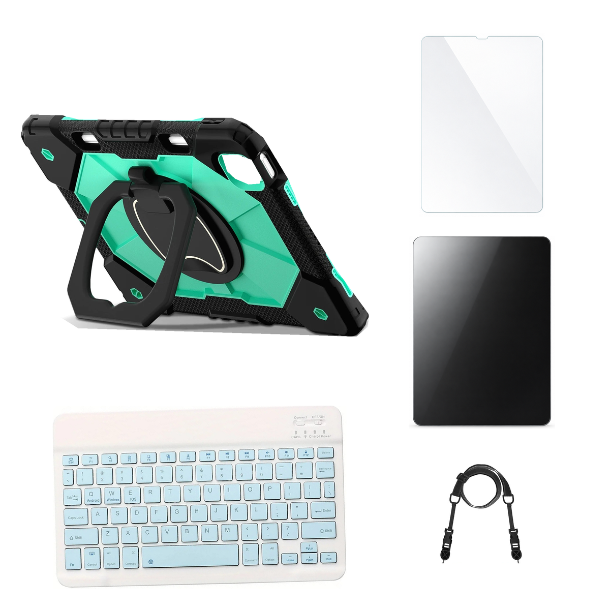 RhinoGuard ArmorPro Black / Mint Green case with Blue keyboard, shoulder strap, standard glass and additional privacy glass