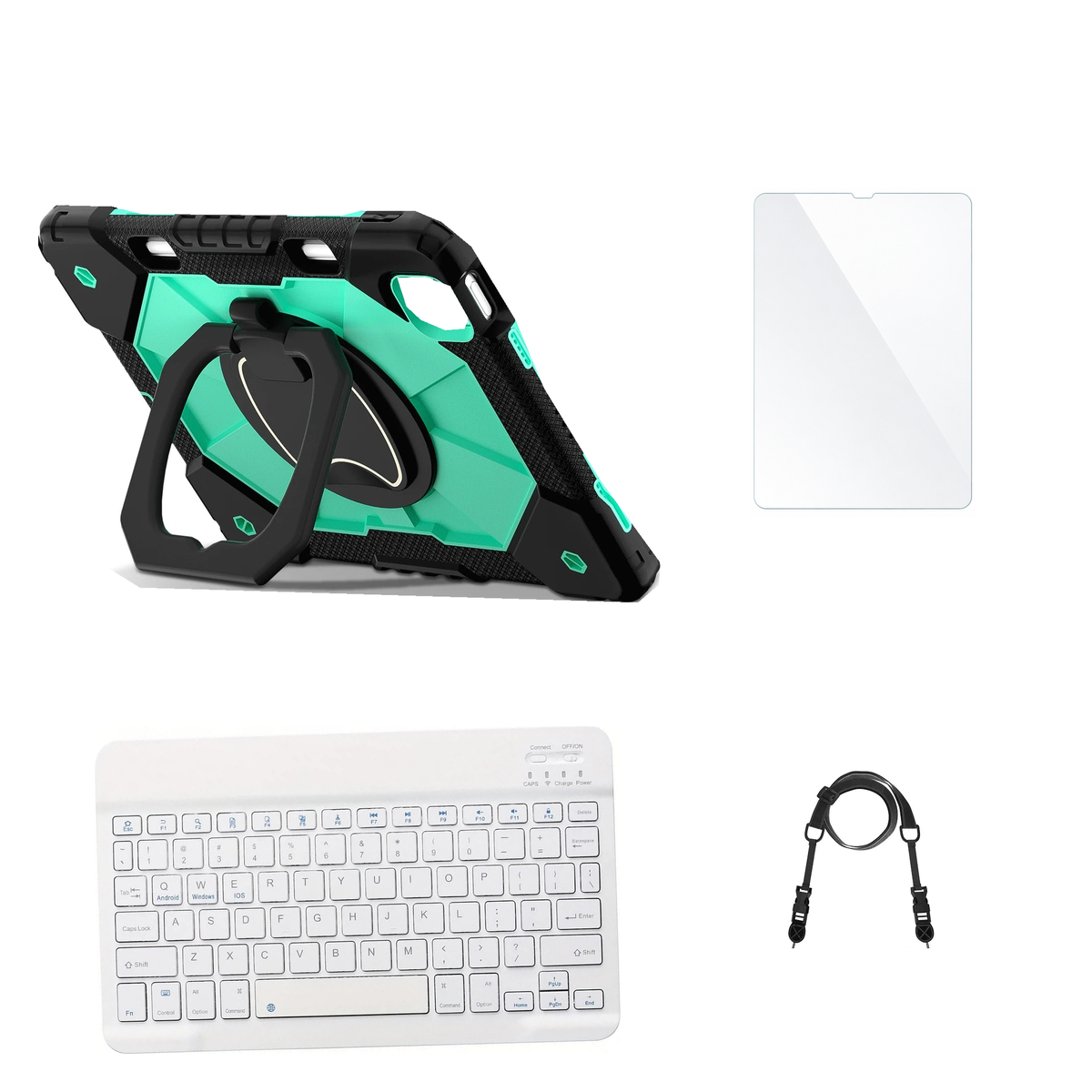 RhinoGuard ArmorPro Black / Mint Green case with White keyboard, shoulder strap, standard glass