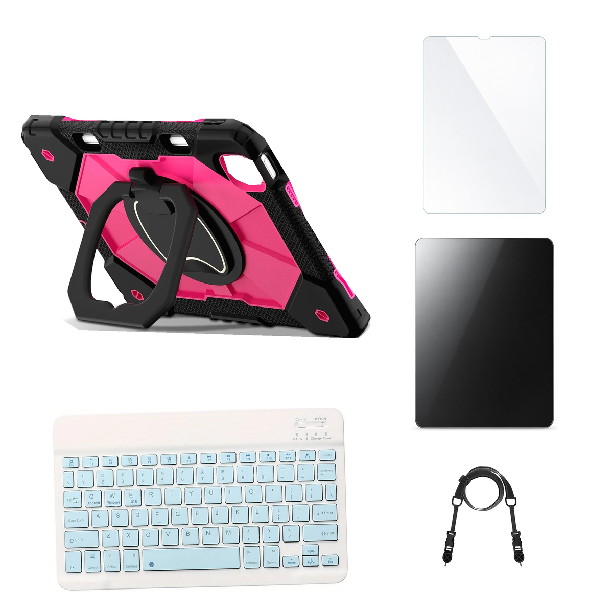RhinoGuard ArmorPro Black / Rose Red case with Blue keyboard, shoulder strap, standard glass and additional privacy glass