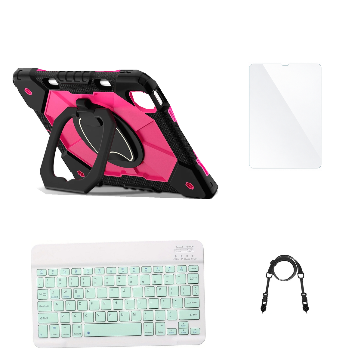 RhinoGuard ArmorPro Black / Rose Red case with Green keyboard, shoulder strap, standard glass