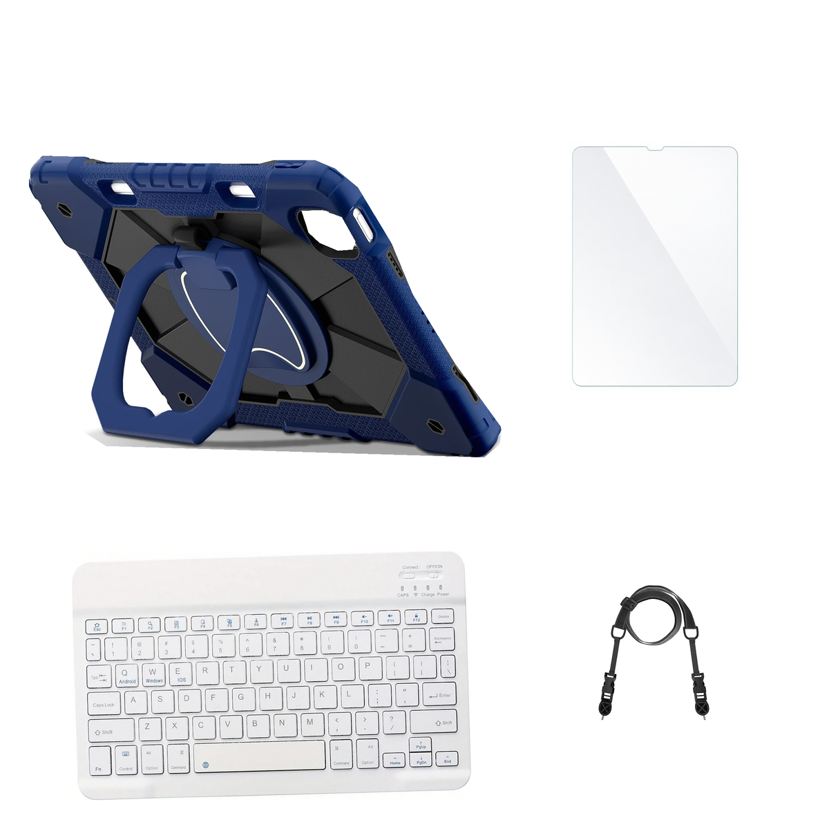 RhinoGuard ArmorPro Navy / Black case with White keyboard, shoulder strap, standard glass