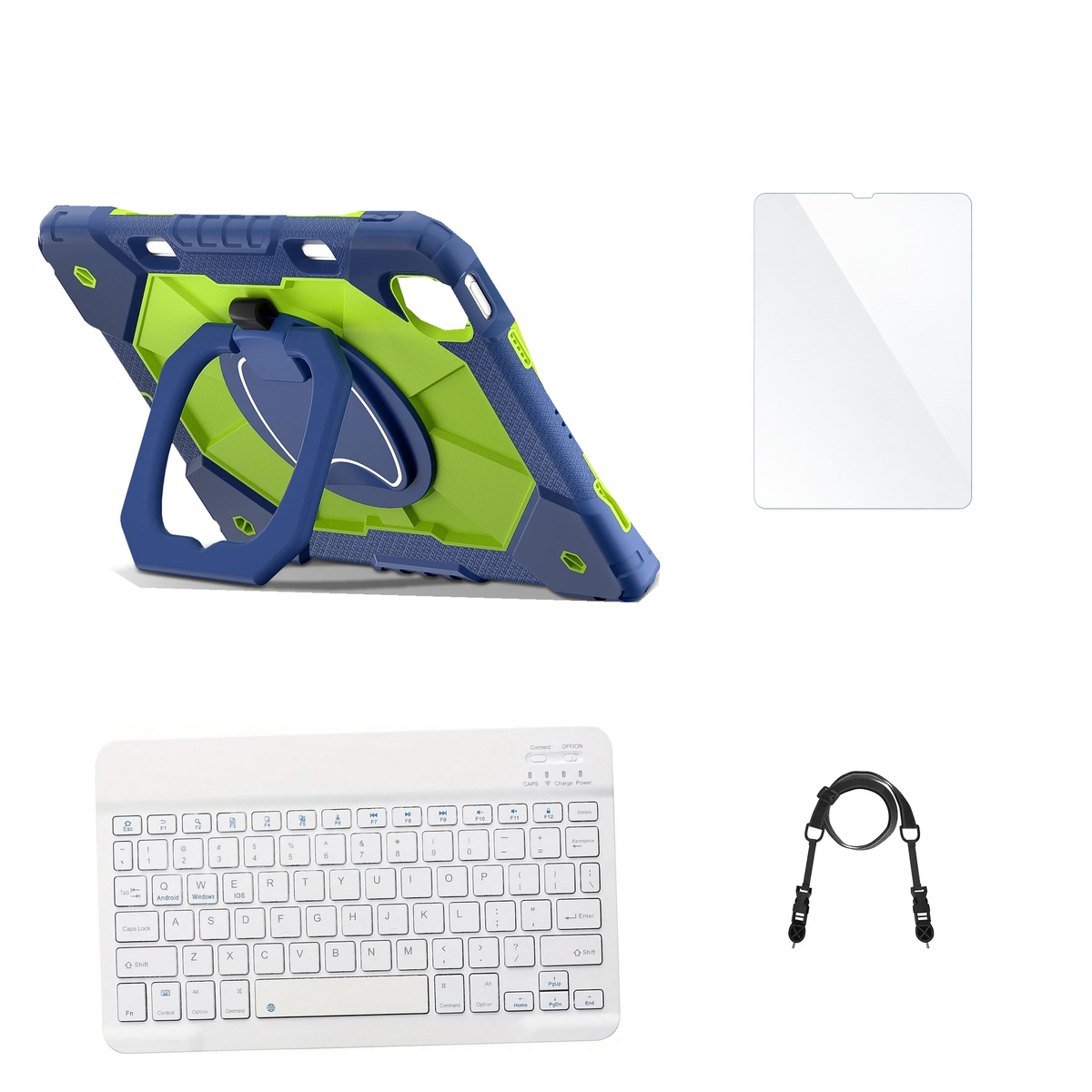 RhinoGuard ArmorPro Navy / Green case with White keyboard, shoulder strap, standard glass
