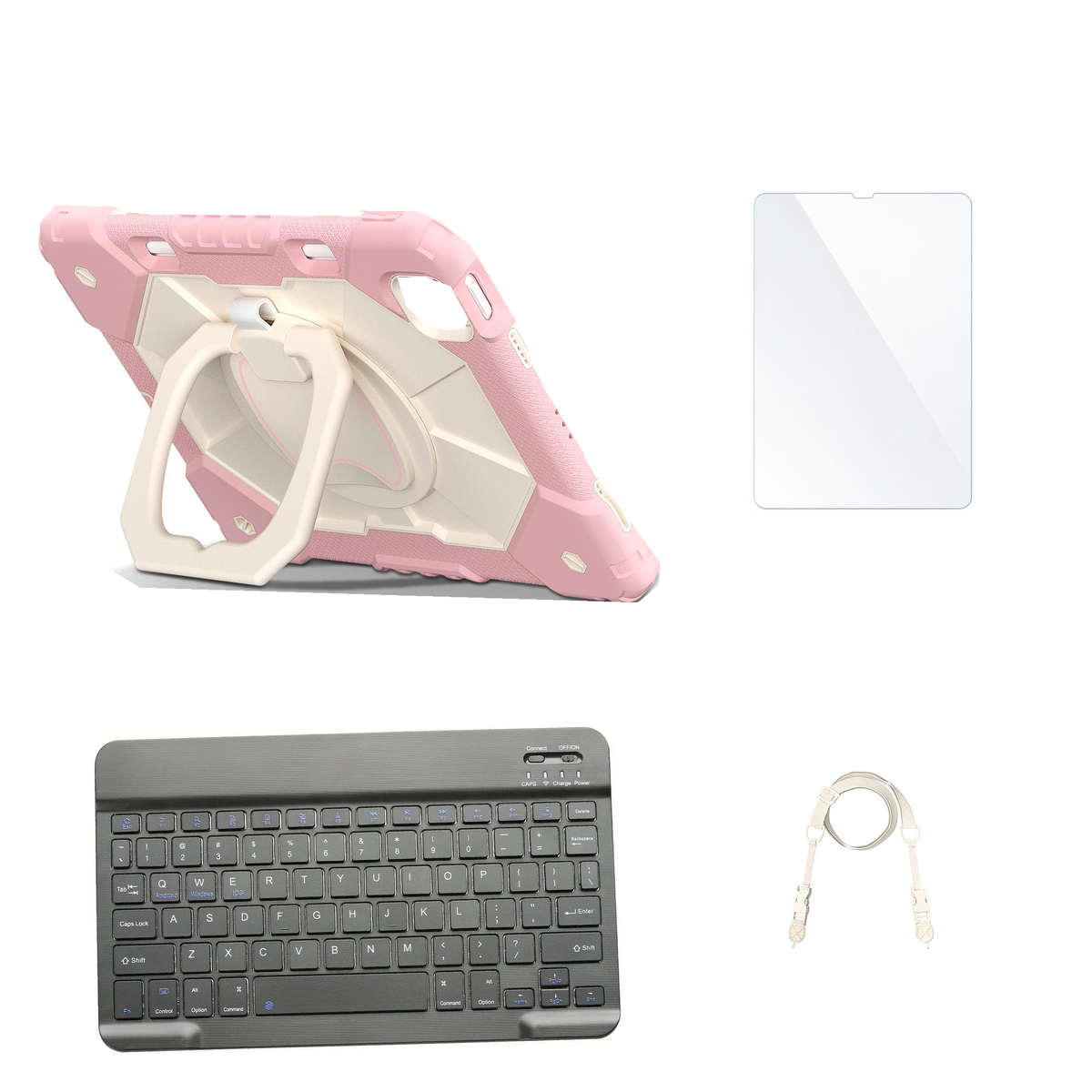 RhinoGuard ArmorPro Rose Gold case with Black keyboard, shoulder strap, standard glass