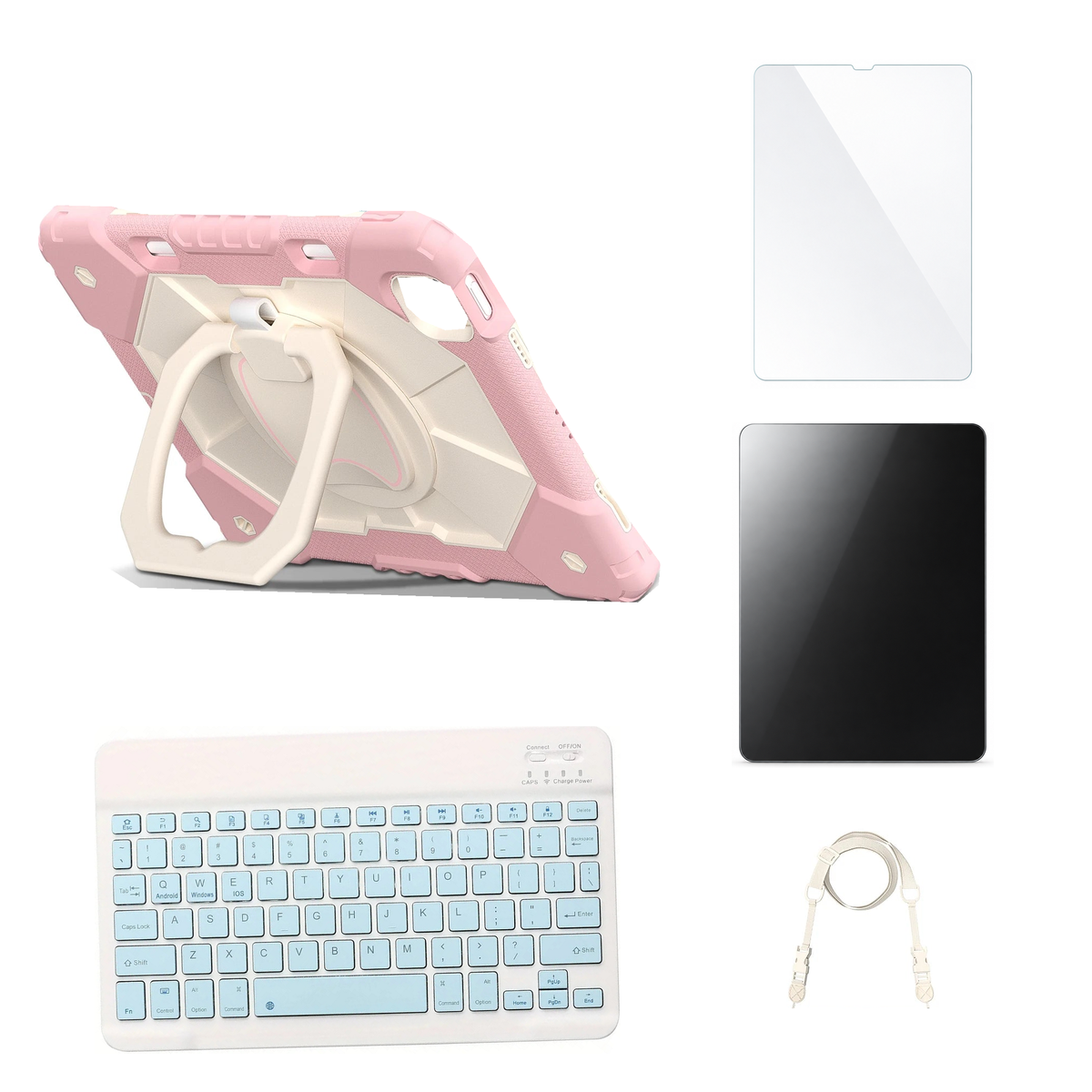 RhinoGuard ArmorPro Rose Gold case with Blue keyboard, shoulder strap, standard glass and additional privacy glass