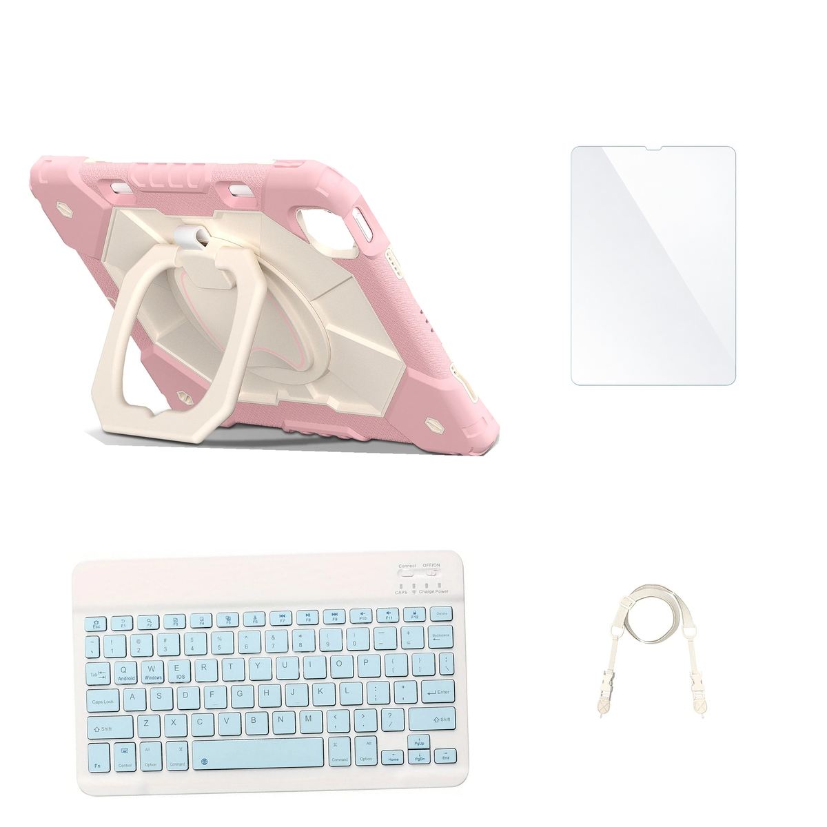 RhinoGuard ArmorPro Rose Gold case with Blue keyboard, shoulder strap, standard glass