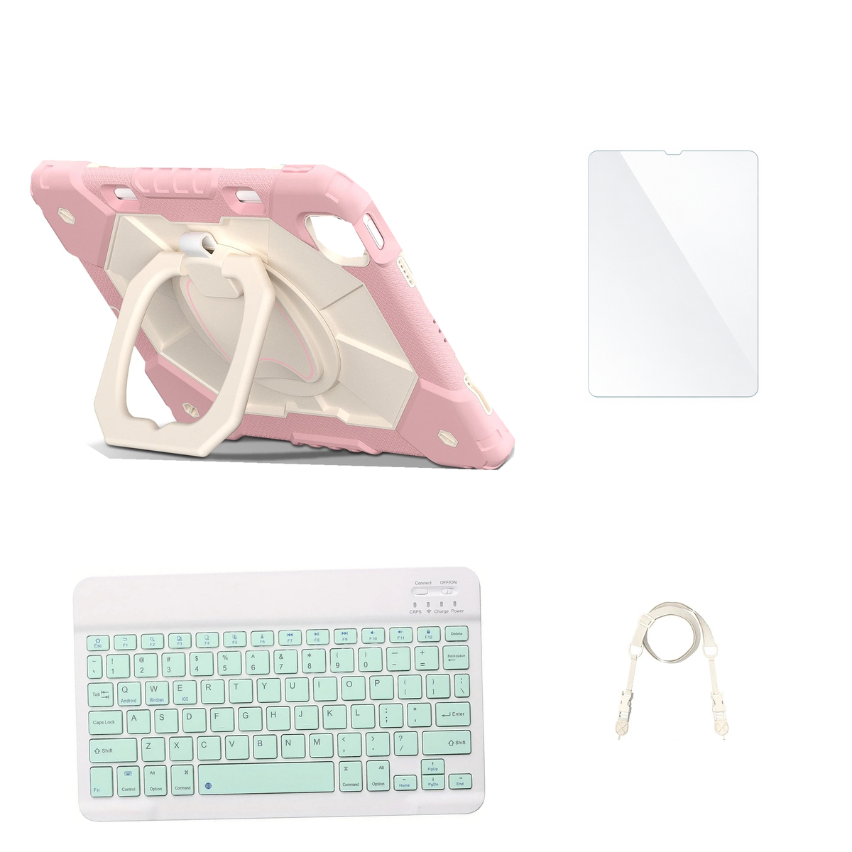 RhinoGuard ArmorPro Rose Gold case with Green keyboard, shoulder strap, standard glass
