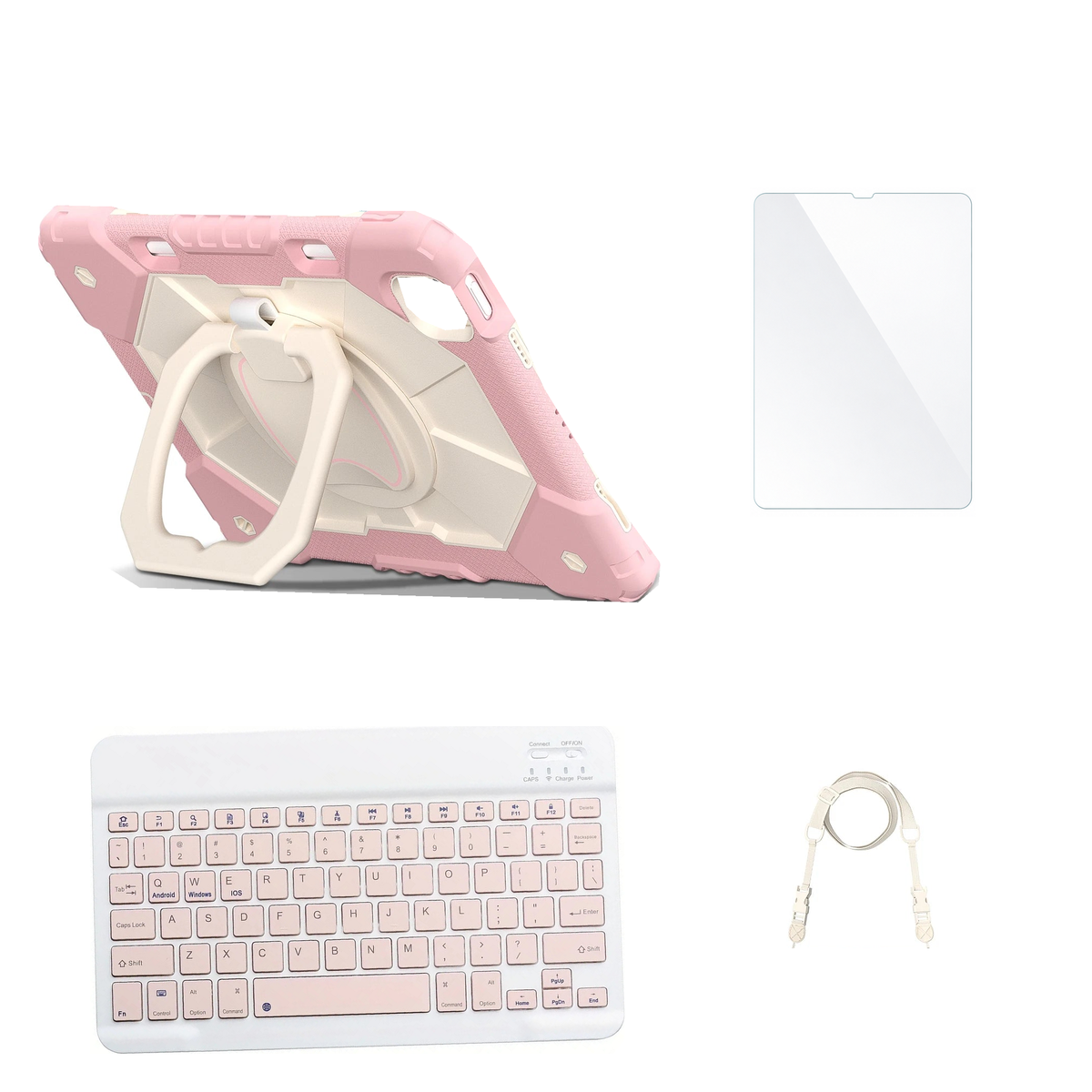 RhinoGuard ArmorPro Rose Gold case with Pink keyboard, shoulder strap, standard glass