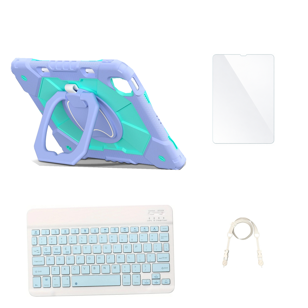 RhinoGuard ArmorPro Purple / Mint Green case with Blue keyboard, shoulder strap, standard glass