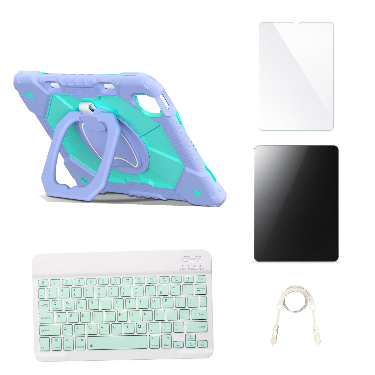 RhinoGuard ArmorPro Purple / Mint Green case with Green keyboard, shoulder strap, standard glass and additional privacy glass