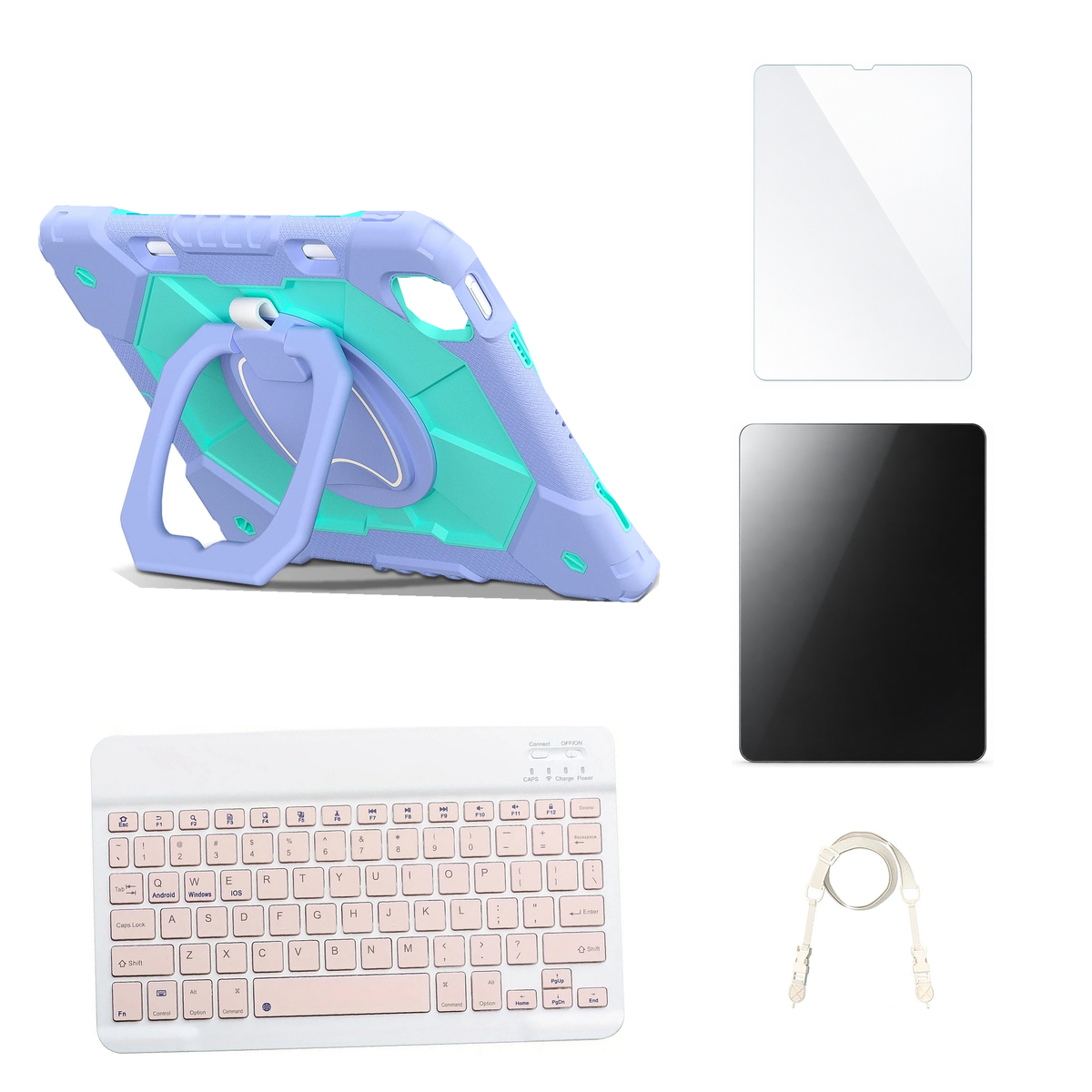 RhinoGuard ArmorPro Purple / Mint Green case with Pink keyboard, shoulder strap, standard glass and additional privacy glass