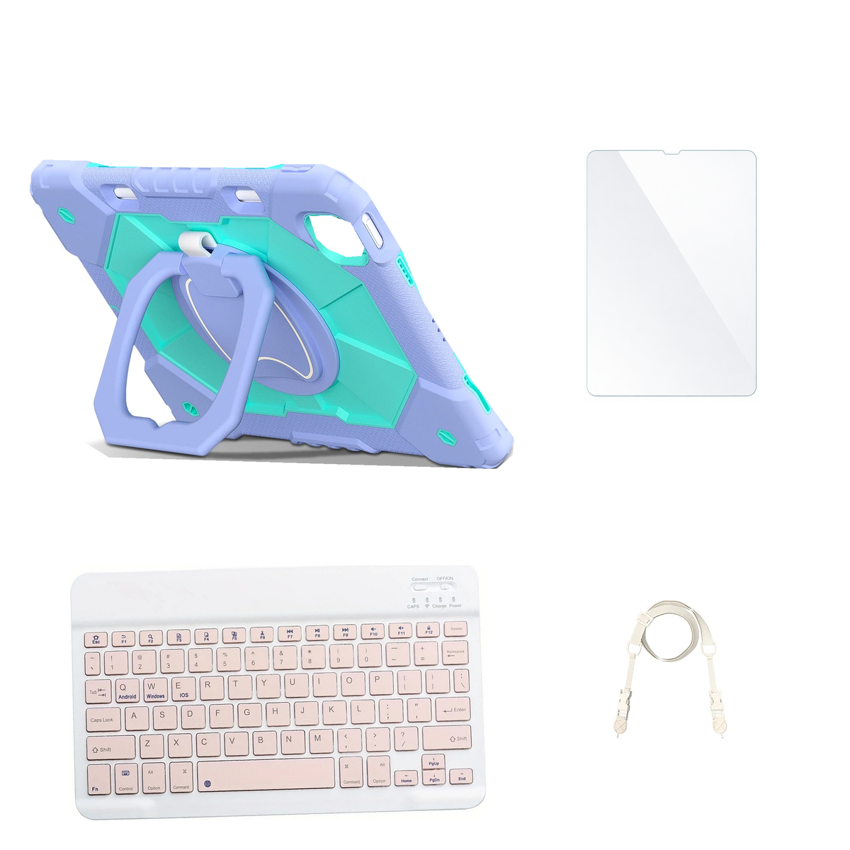 RhinoGuard ArmorPro Purple / Mint Green case with Pink keyboard, shoulder strap, standard glass