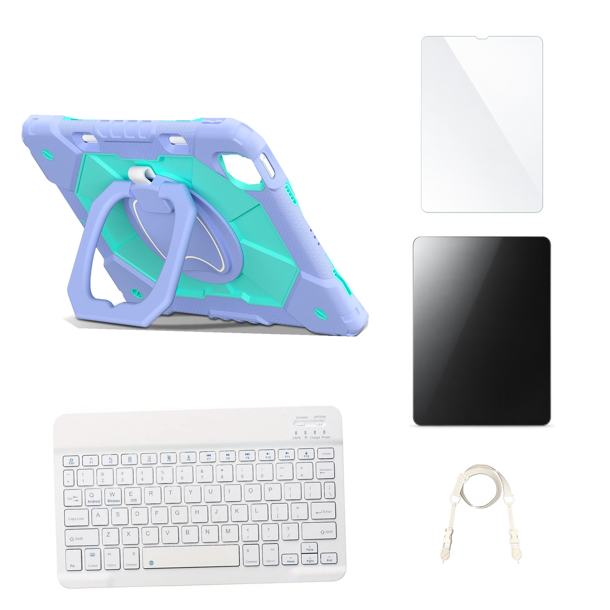 RhinoGuard ArmorPro Purple / Mint Green case with White keyboard, shoulder strap, standard glass and additional privacy glass