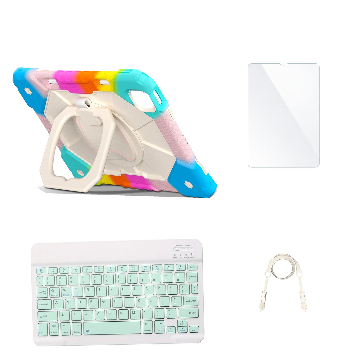 RhinoGuard ArmorPro Colorful Blue case with Green keyboard, shoulder strap, standard glass