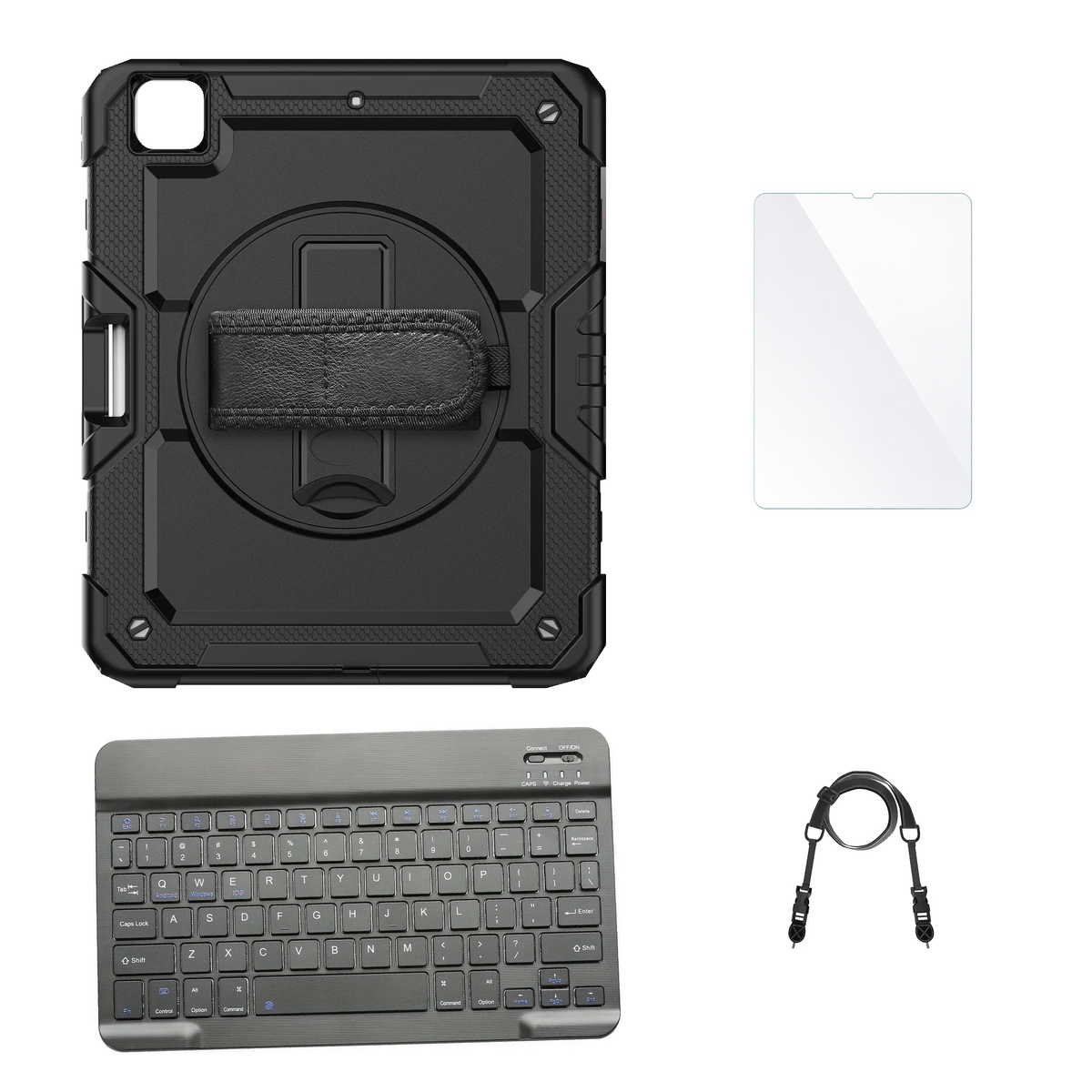 RhinoGuard Pro Black case with Black keyboard, shoulder strap, standard glass