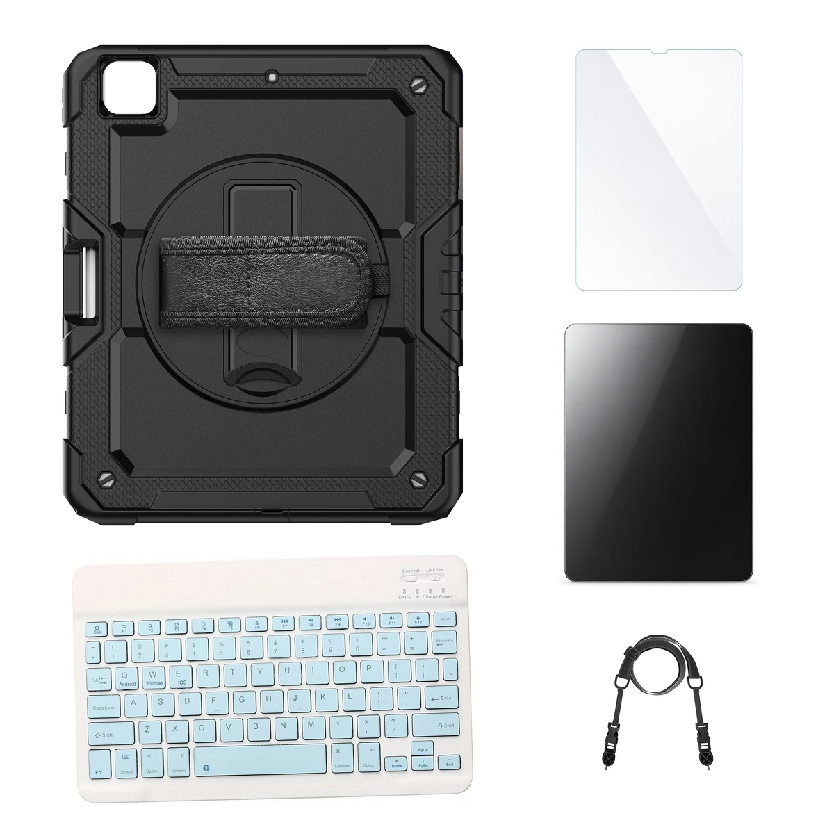 RhinoGuard Pro Black case with Blue keyboard, shoulder strap, standard glass and additional privacy glass