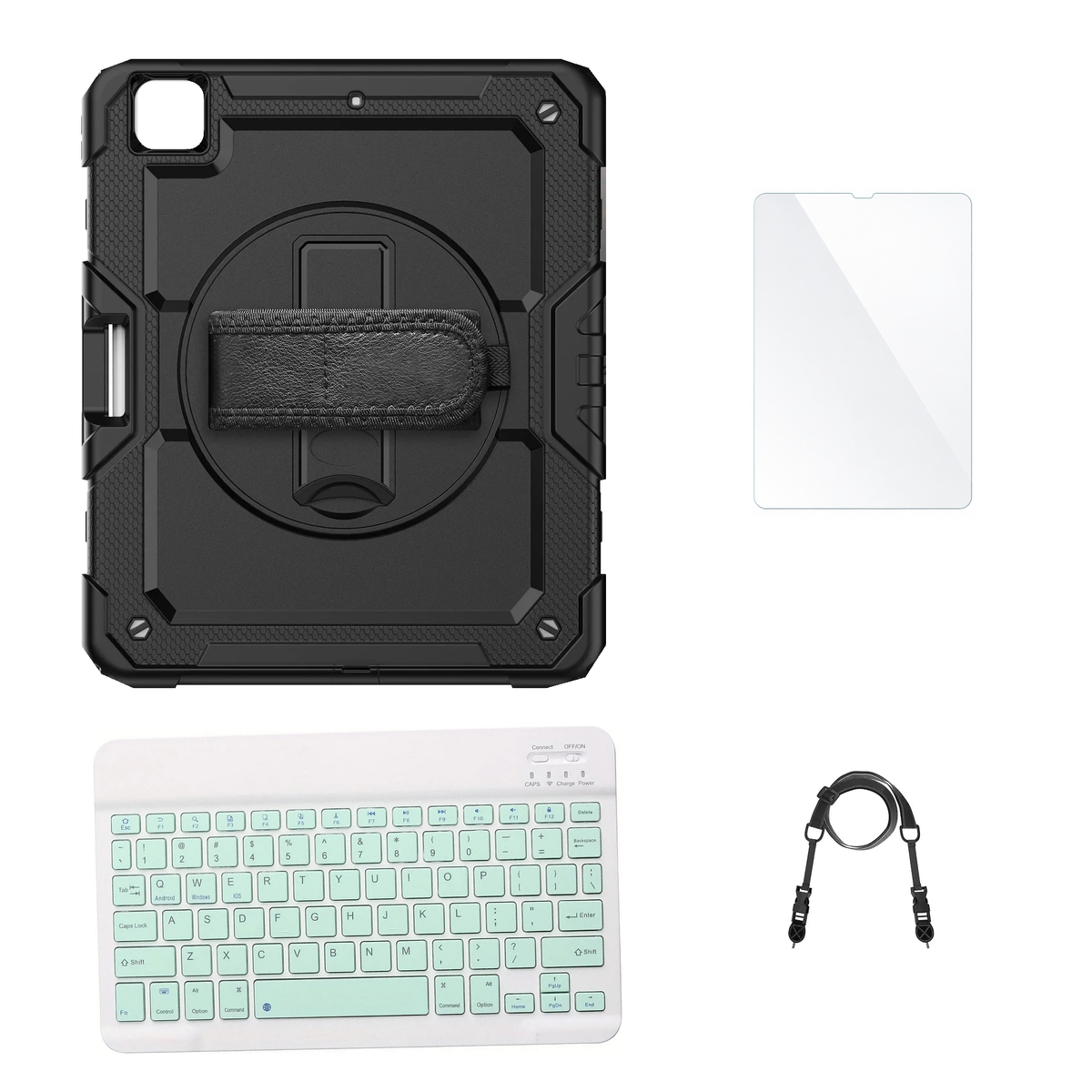 RhinoGuard Pro Black case with Green keyboard, shoulder strap, standard glass