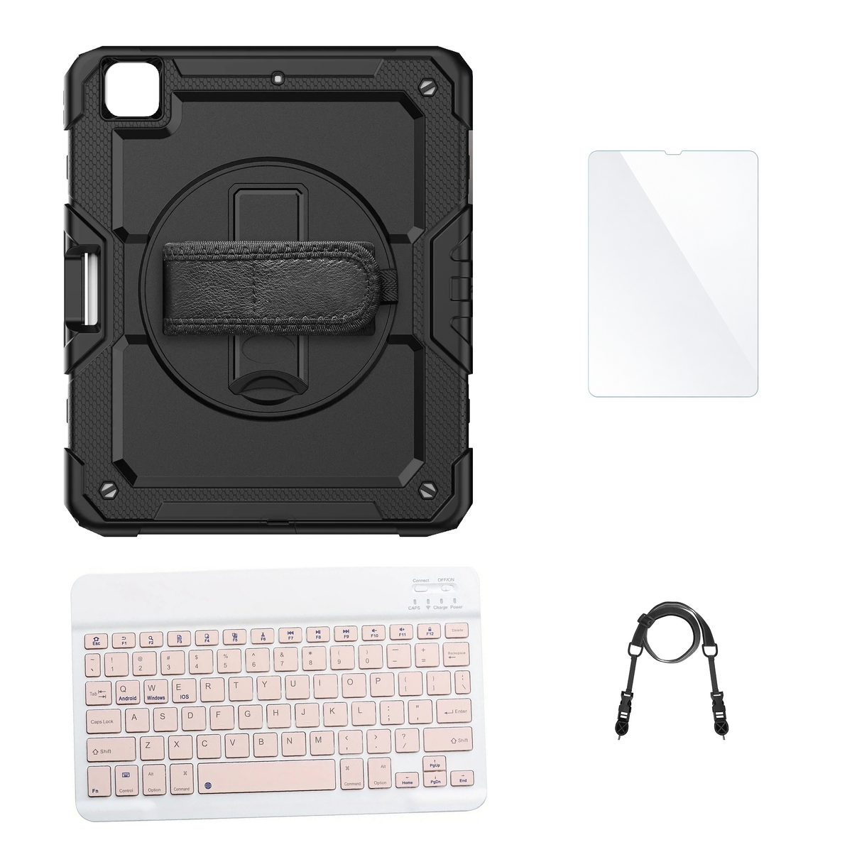 RhinoGuard Pro Black case with Pink keyboard, shoulder strap, standard glass