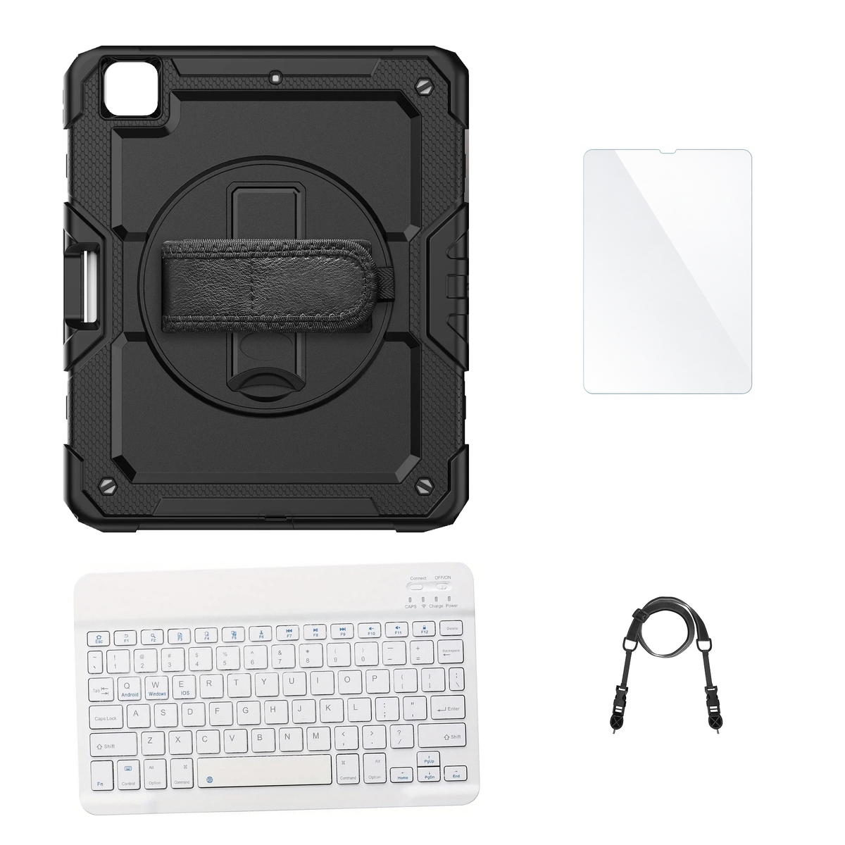 RhinoGuard Pro Black case with White keyboard, shoulder strap, standard glass