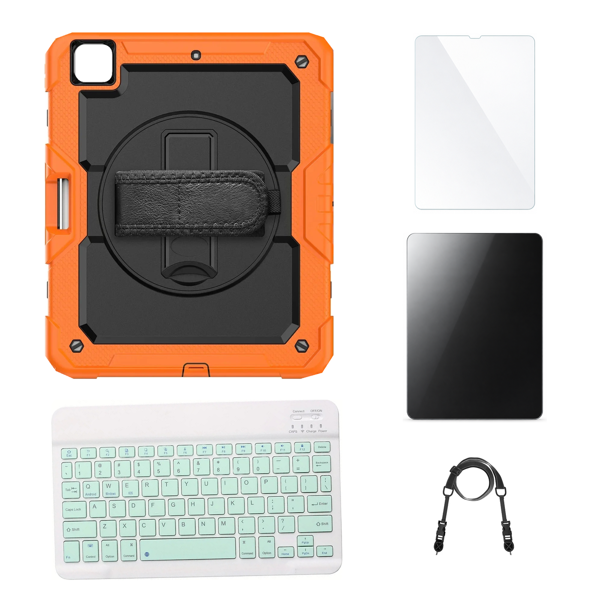 RhinoGuard Pro Black / Orange case with Green keyboard, shoulder strap, standard glass and additional privacy glass