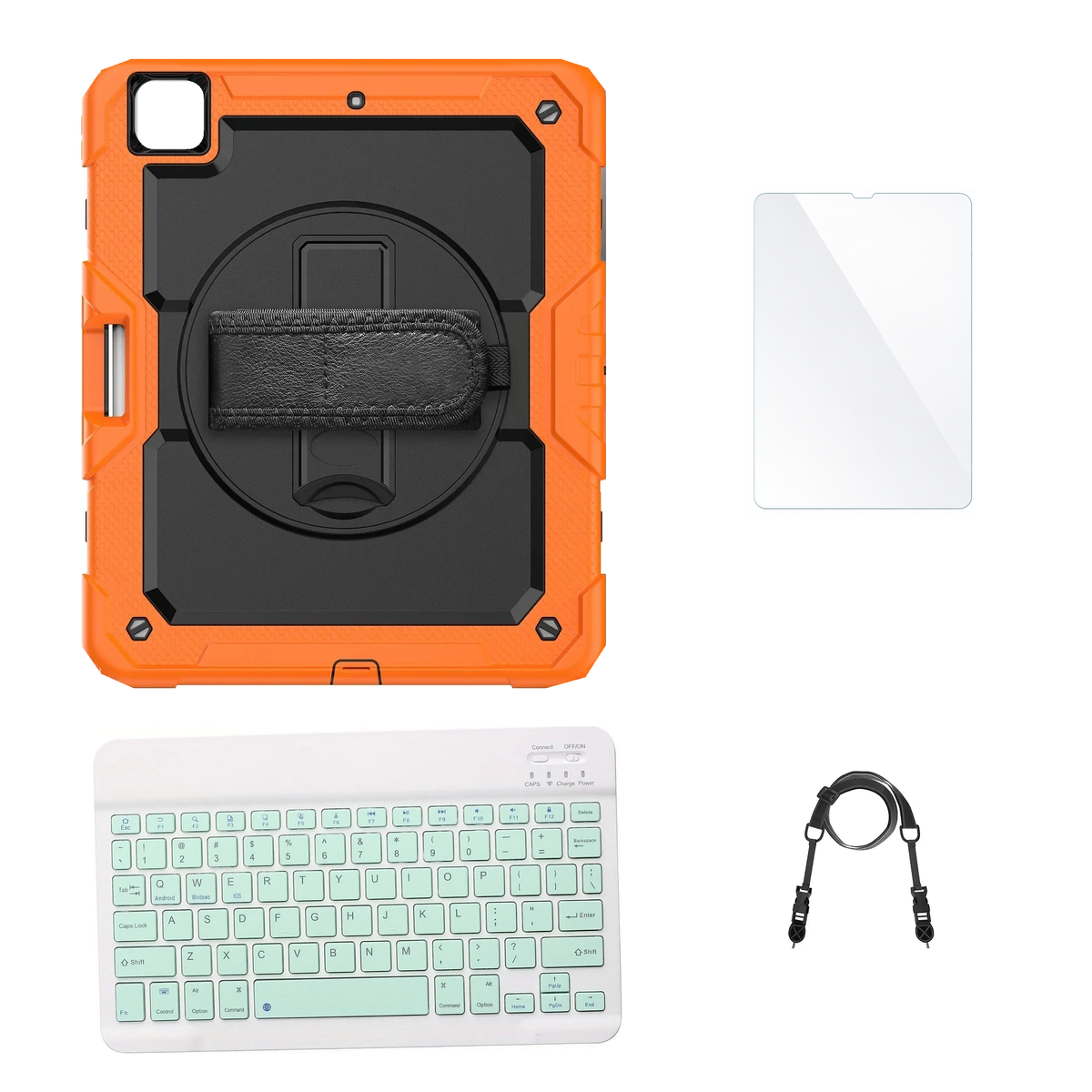 RhinoGuard Pro Black / Orange case with Green keyboard, shoulder strap, standard glass
