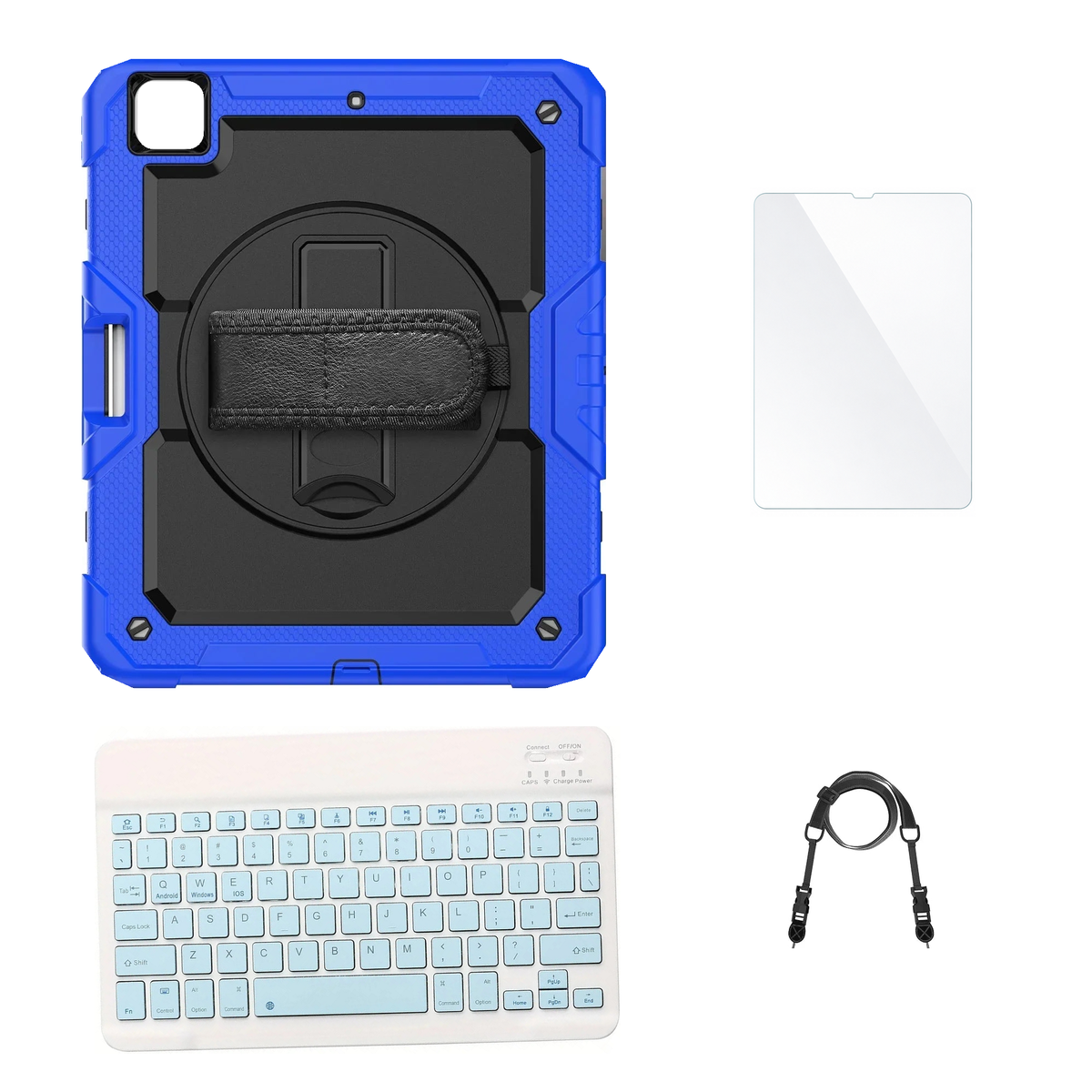 RhinoGuard Pro Black / Blue case with Blue keyboard, shoulder strap, standard glass
