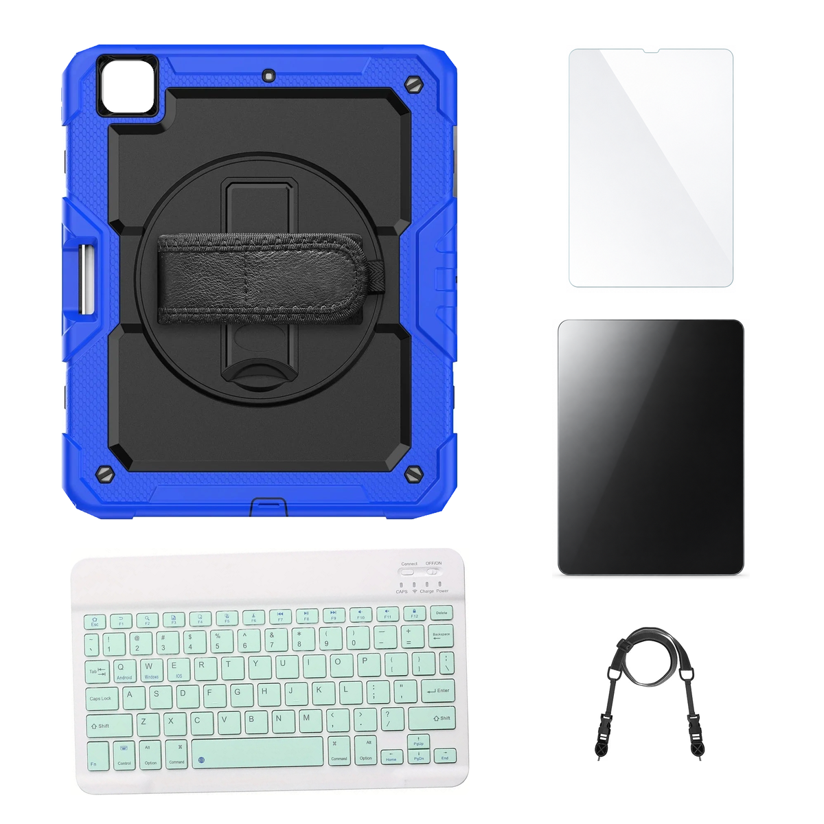 RhinoGuard Pro Black / Blue case with Green keyboard, shoulder strap, standard glass and additional privacy glass