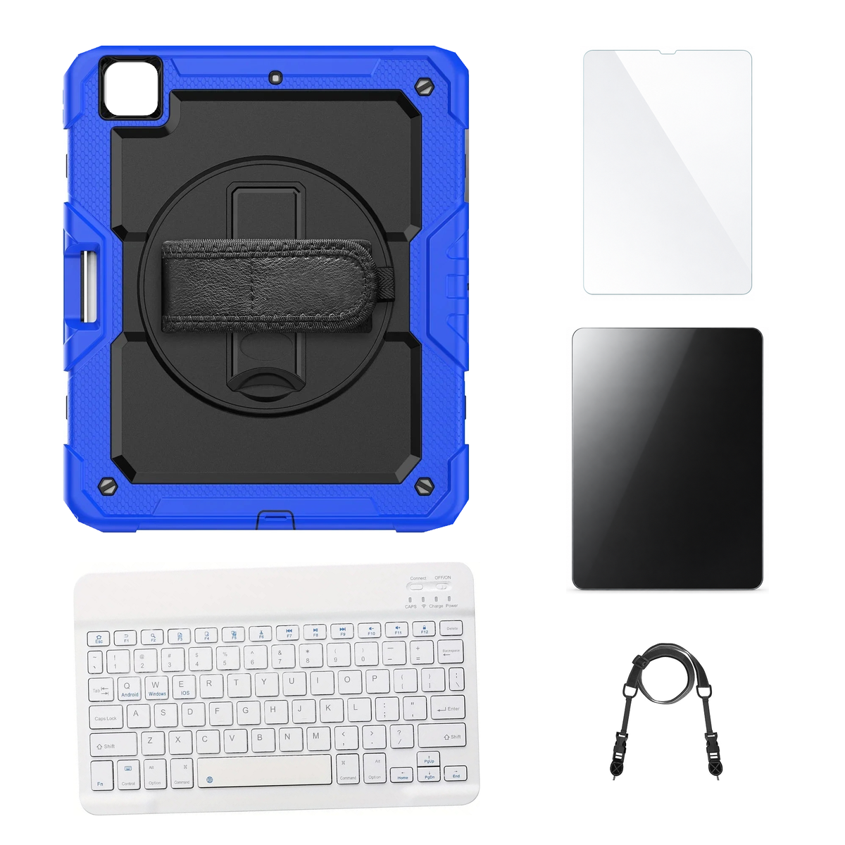 RhinoGuard Pro Black / Blue case with White keyboard, shoulder strap, standard glass and additional privacy glass