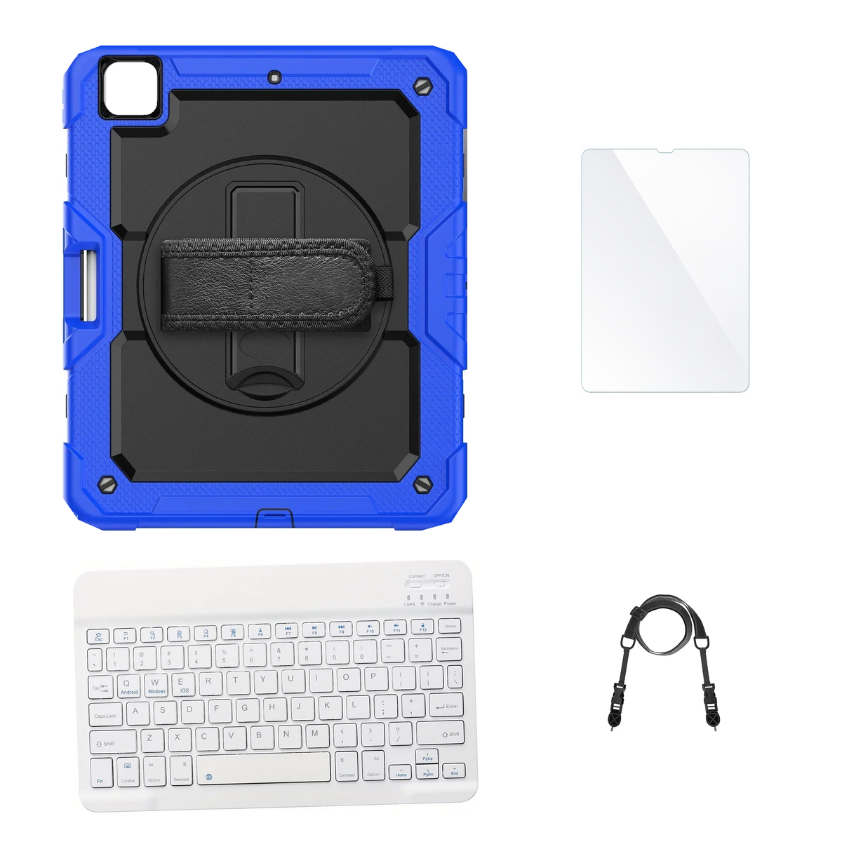 RhinoGuard Pro Black / Blue case with White keyboard, shoulder strap, standard glass