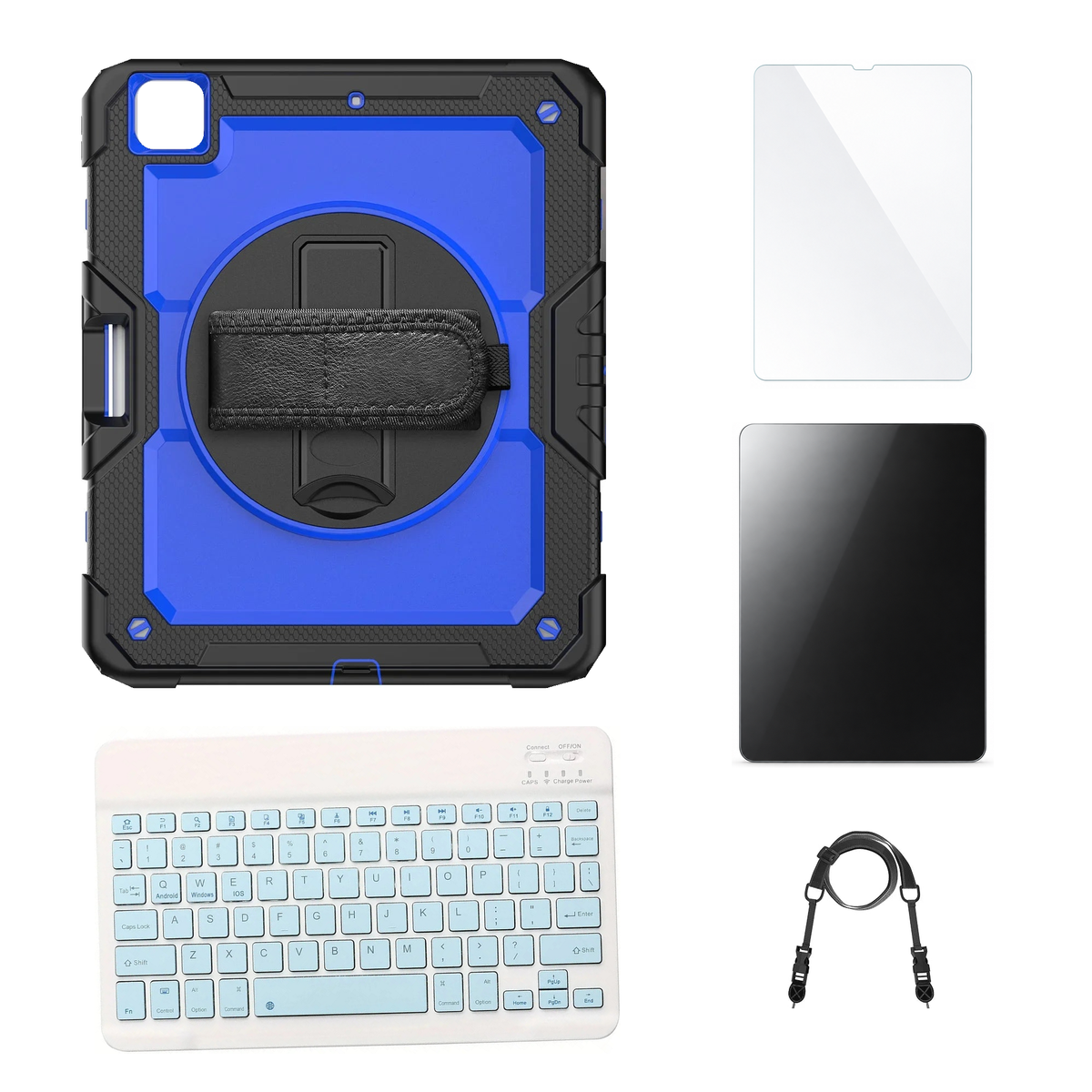 RhinoGuard Pro Blue / Black case with Blue keyboard, shoulder strap, standard glass and additional privacy glass