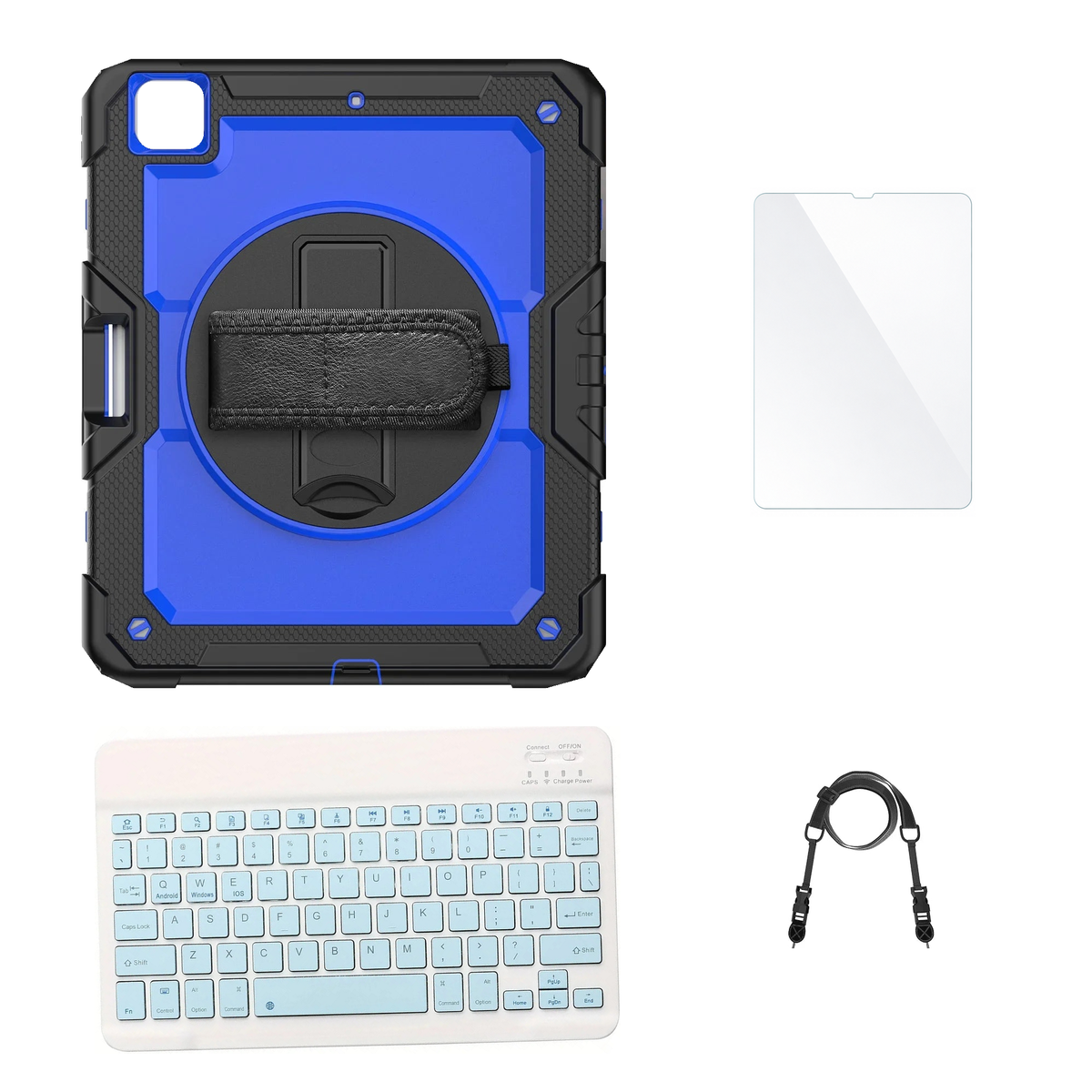 RhinoGuard Pro Blue / Black case with Blue keyboard, shoulder strap, standard glass