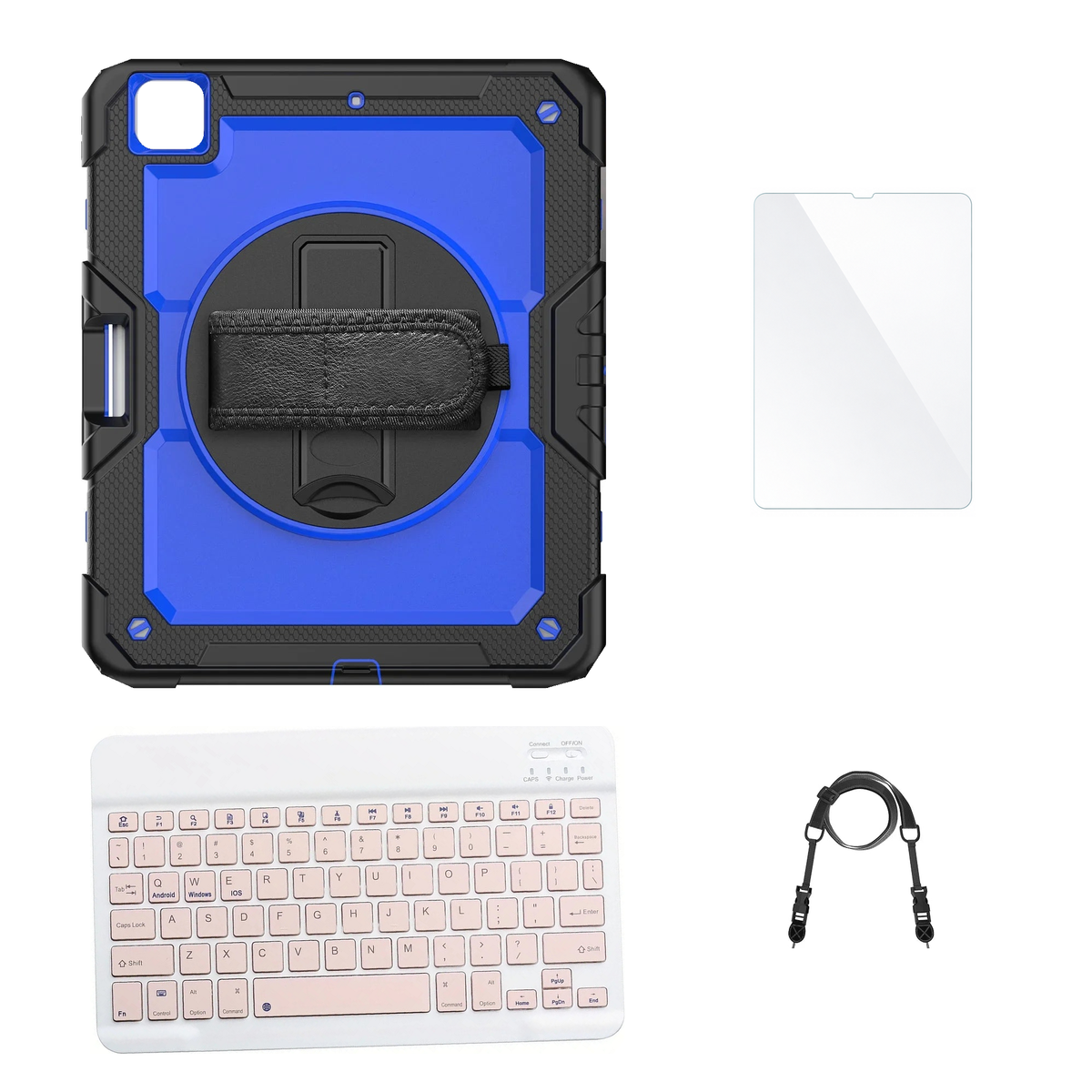RhinoGuard Pro Blue / Black case with Pink keyboard, shoulder strap, standard glass