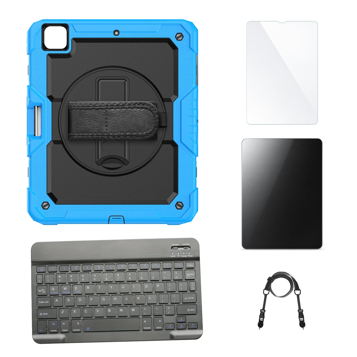 RhinoGuard Pro Black / Sky Blue case with Black keyboard, shoulder strap, standard glass and additional privacy glass
