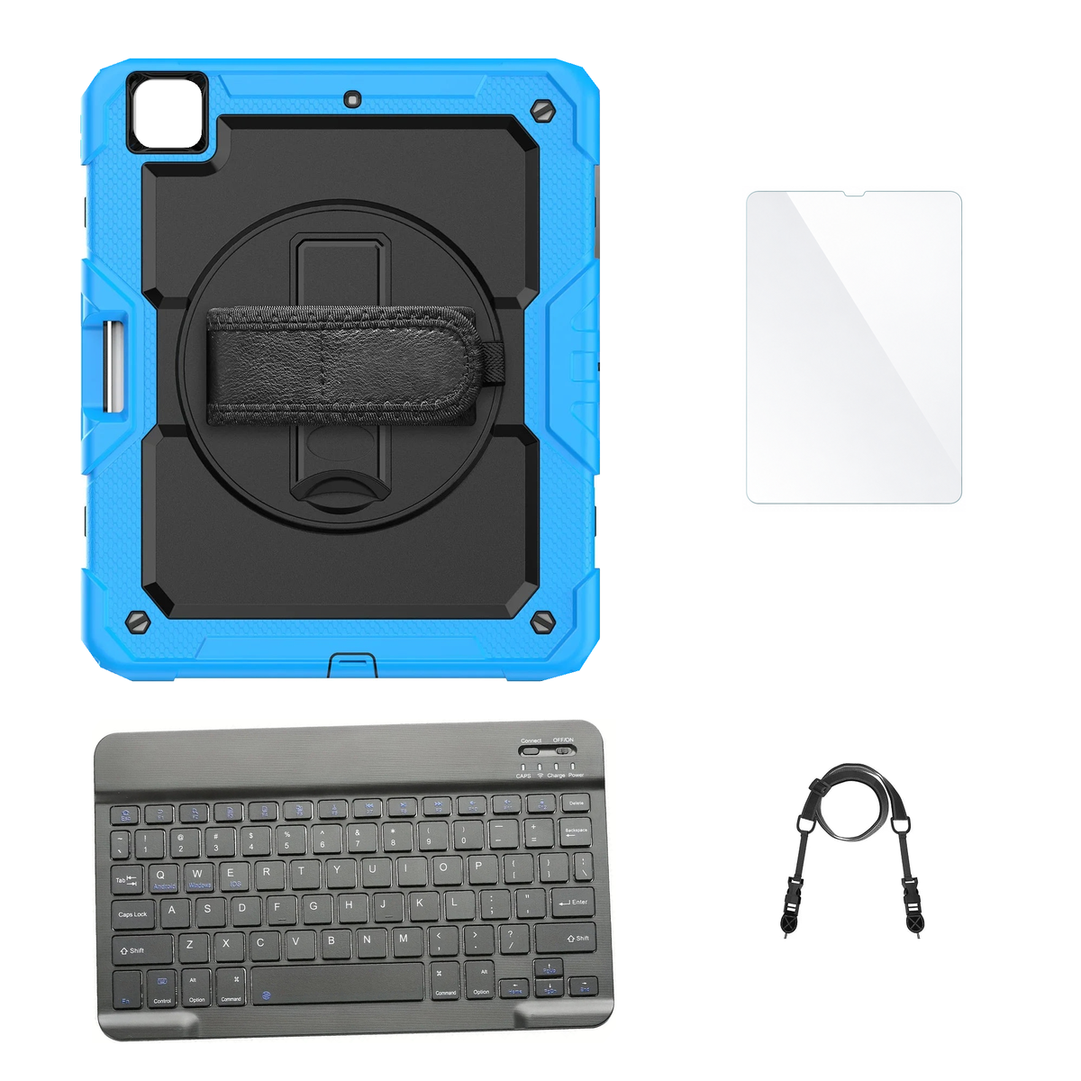 RhinoGuard Pro Black / Sky Blue case with Black keyboard, shoulder strap, standard glass