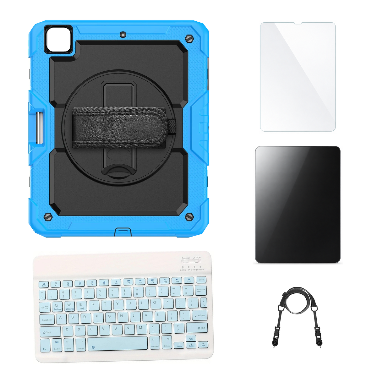 RhinoGuard Pro Black / Sky Blue case with Blue keyboard, shoulder strap, standard glass and additional privacy glass