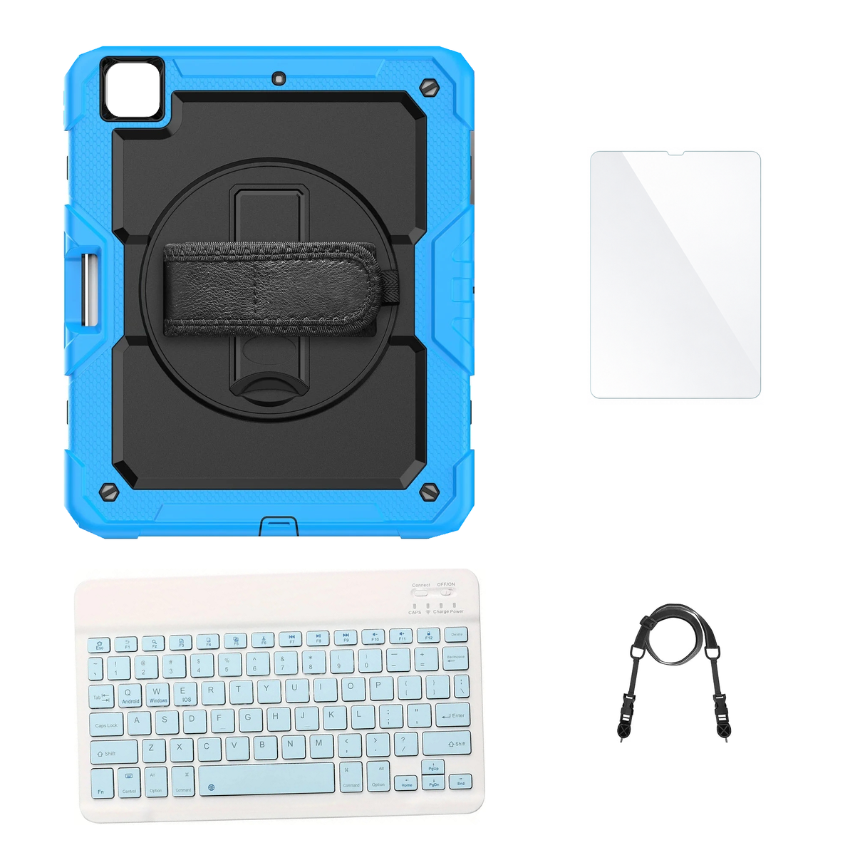 RhinoGuard Pro Black / Sky Blue case with Blue keyboard, shoulder strap, standard glass
