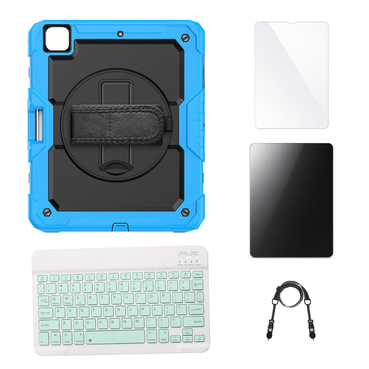 RhinoGuard Pro Black / Sky Blue case with Green keyboard, shoulder strap, standard glass and additional privacy glass