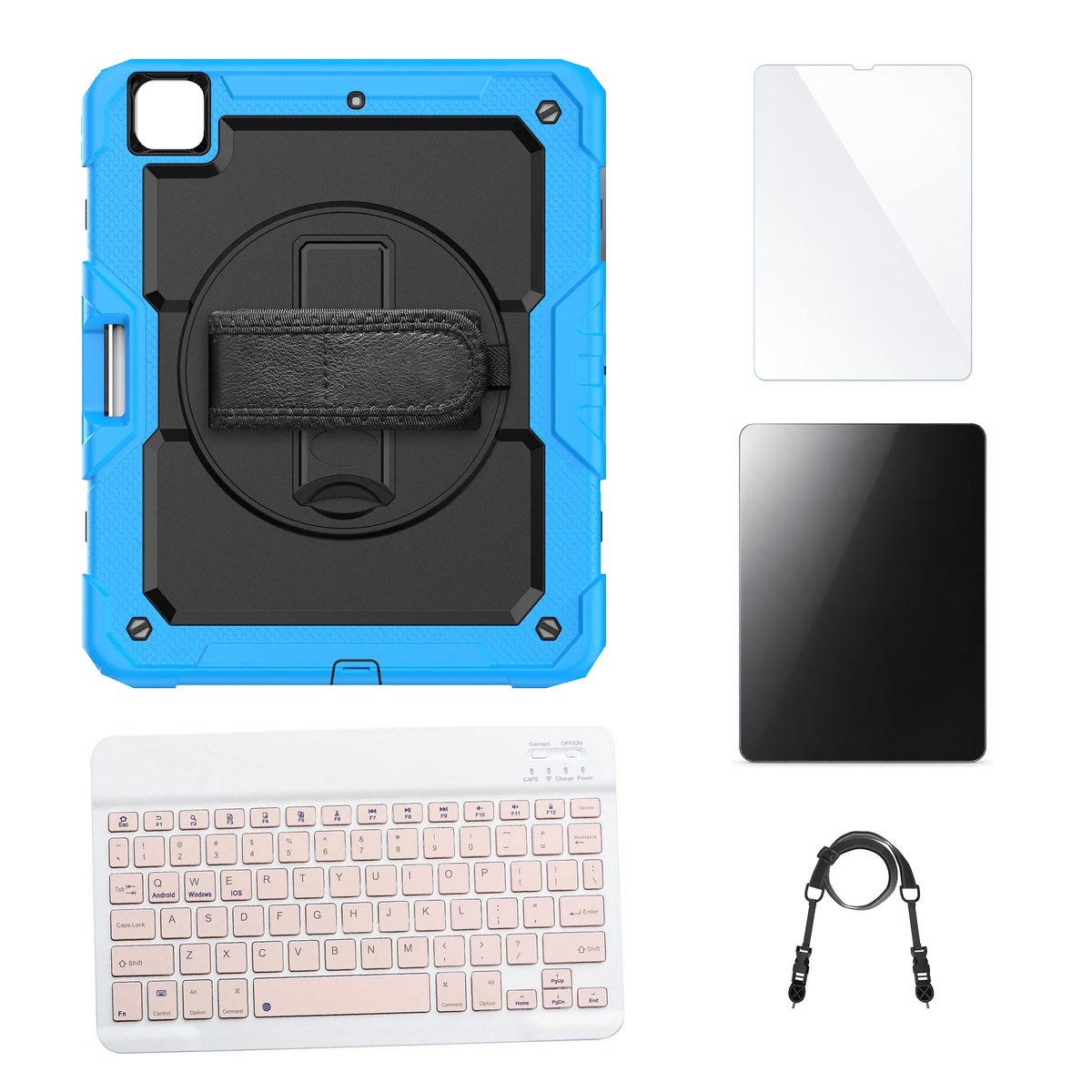 RhinoGuard Pro Black / Sky Blue case with Pink keyboard, shoulder strap, standard glass and additional privacy glass