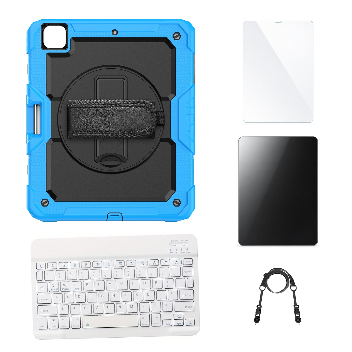 RhinoGuard Pro Black / Sky Blue case with White keyboard, shoulder strap, standard glass and additional privacy glass