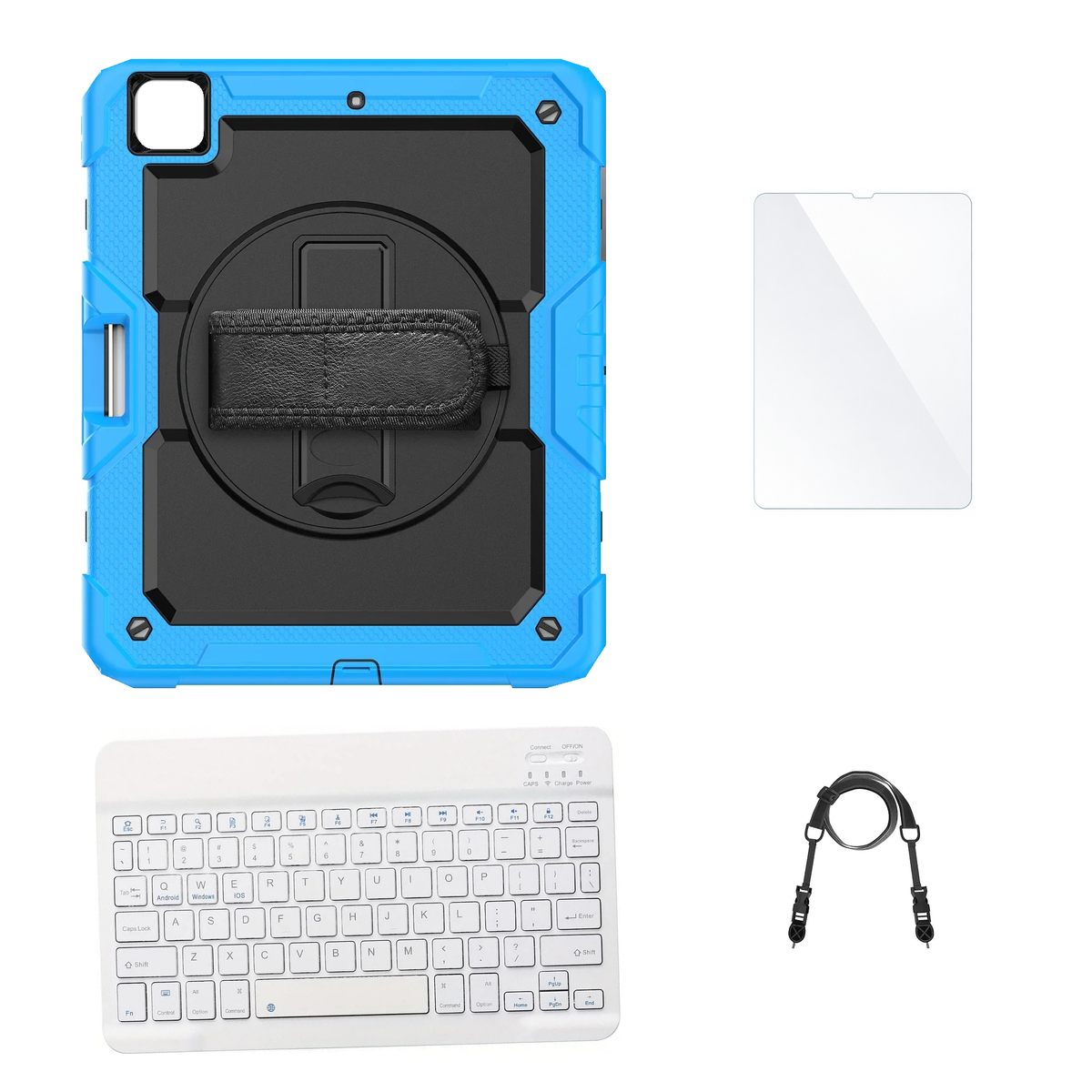 RhinoGuard Pro Black / Sky Blue case with White keyboard, shoulder strap, standard glass
